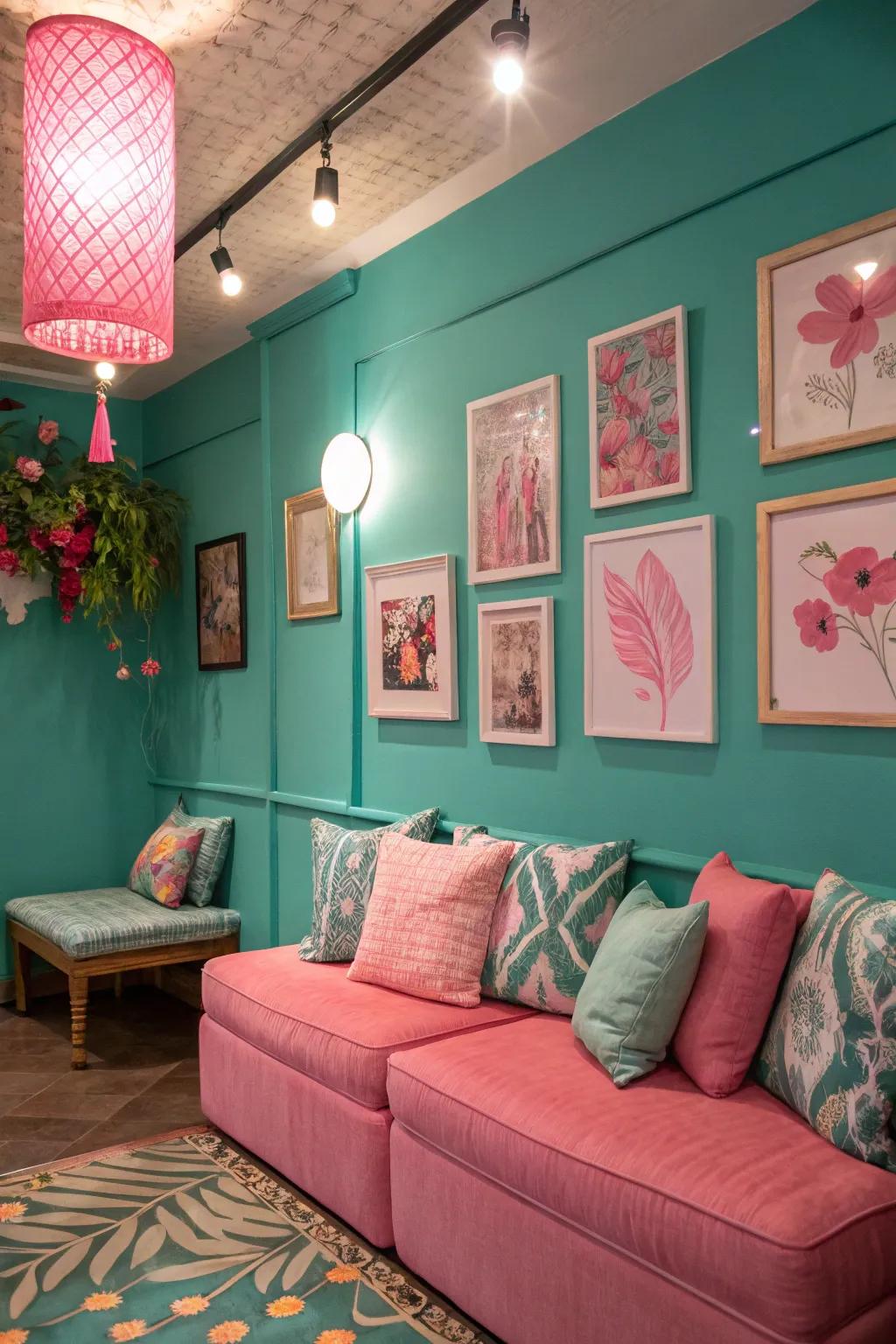Teal walls brightened by fun pink accents for an energetic space.