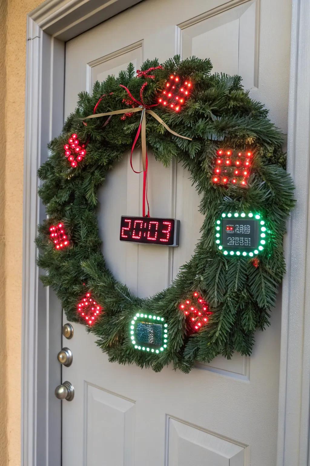 A door adorned with a digital winter garland for a tech-savvy holiday greeting.