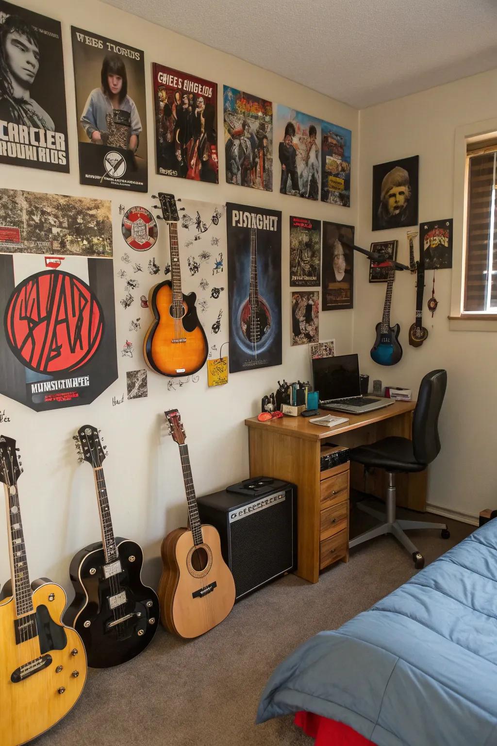 A teen boy's room with a music-inspired wall showcasing guitars.
