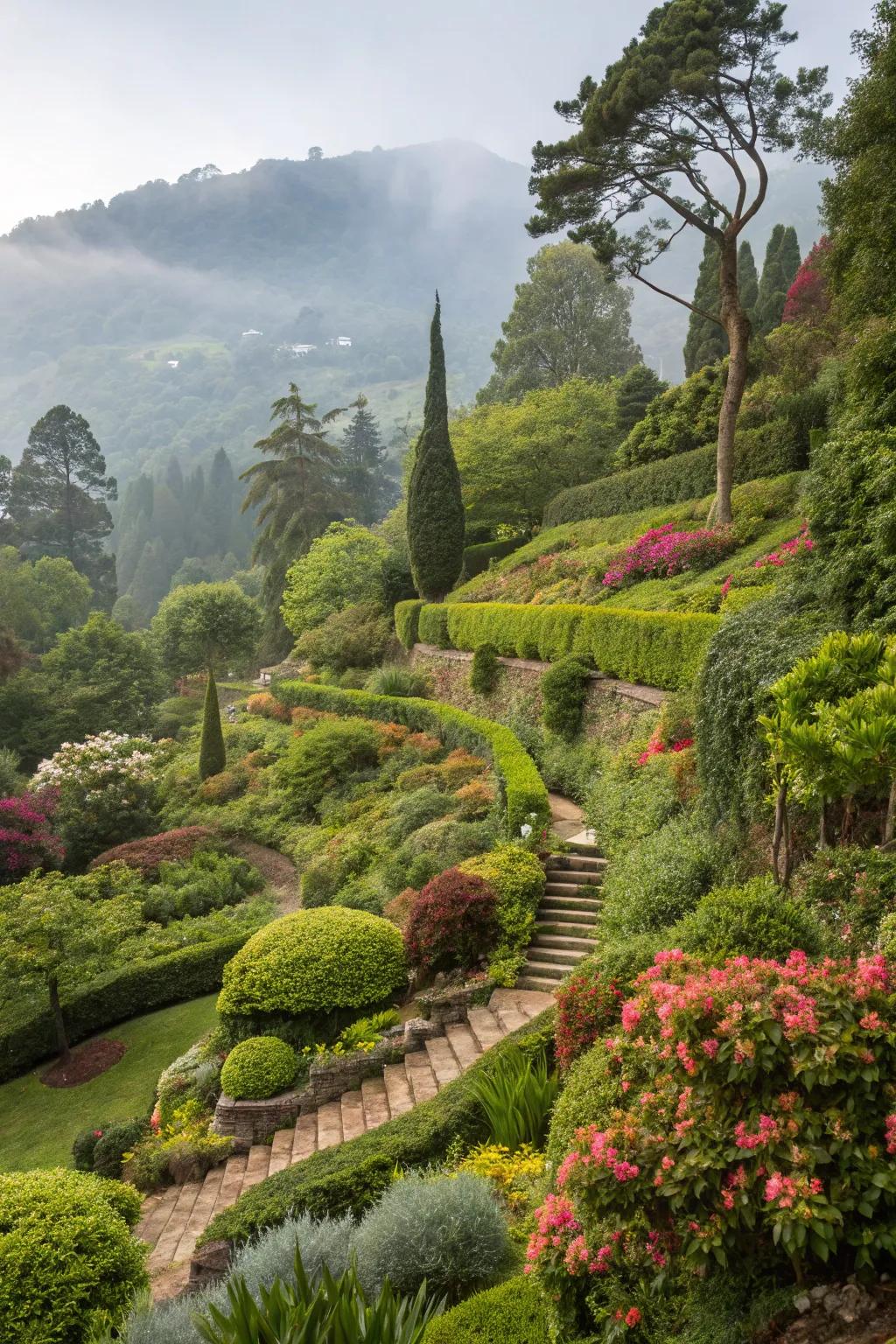 A terraced garden flourishing with greenery, providing a soothing and natural setting.