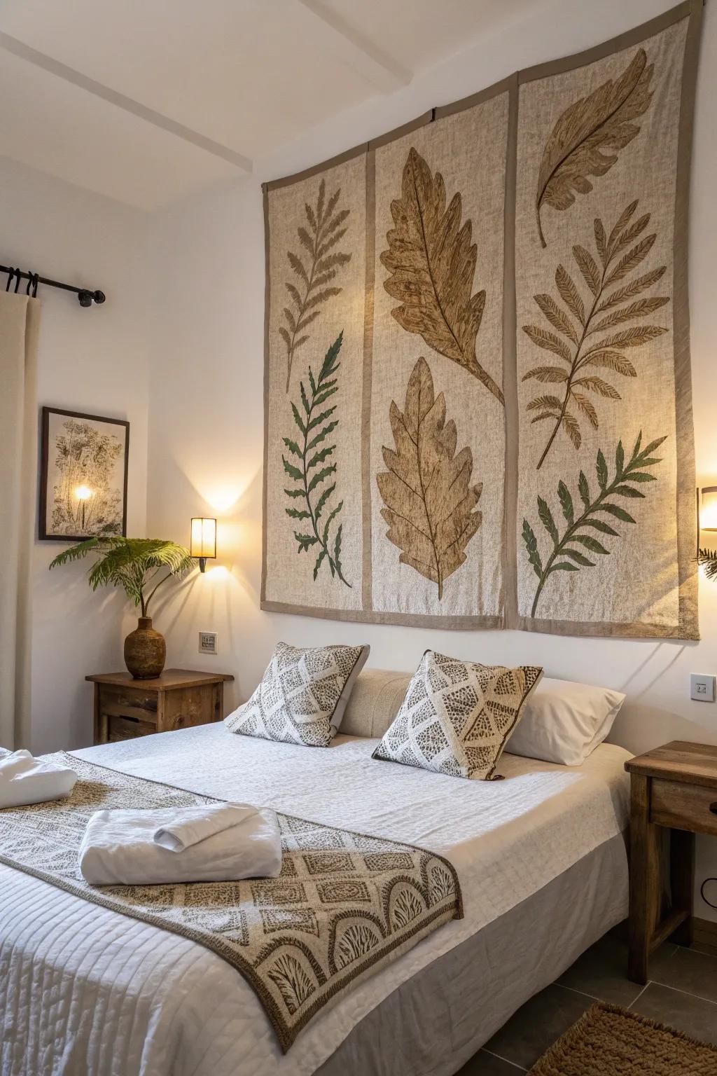 Natural leaf patterns craft a relaxing vibe in this peaceful bedroom.