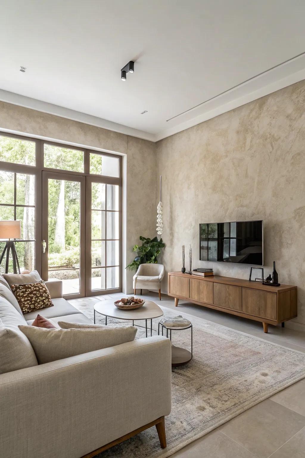A minimalist living room featuring subtle textured walls that enhance depth.