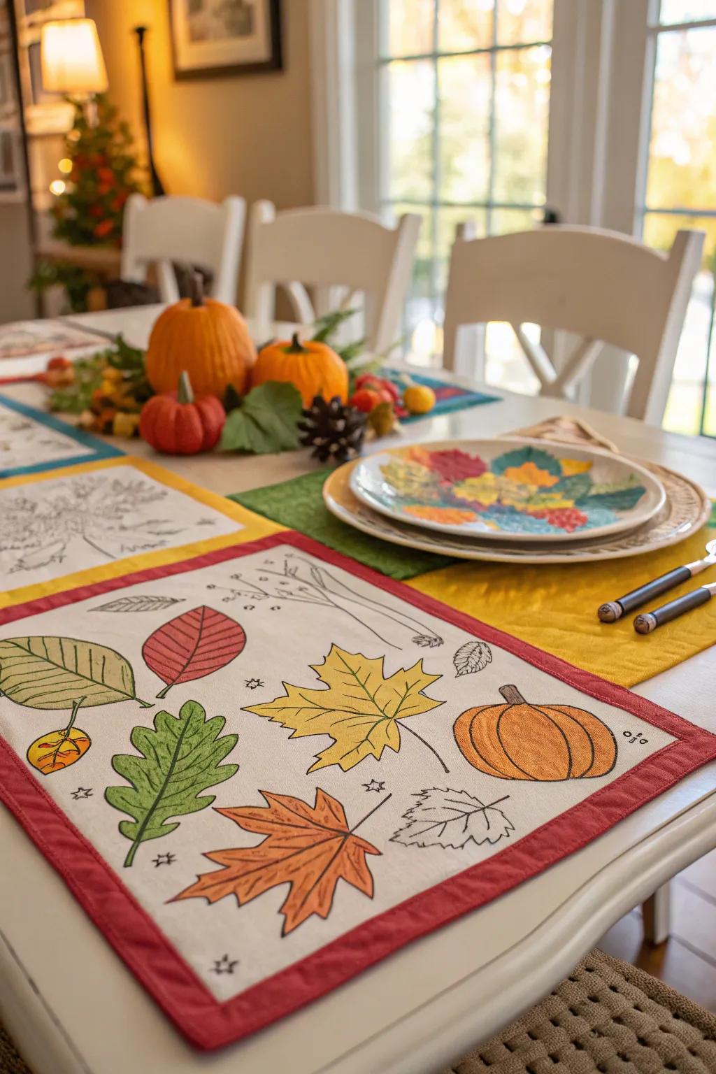 Handmade Thanksgiving meal mats adding a personal touch to the dinner table.