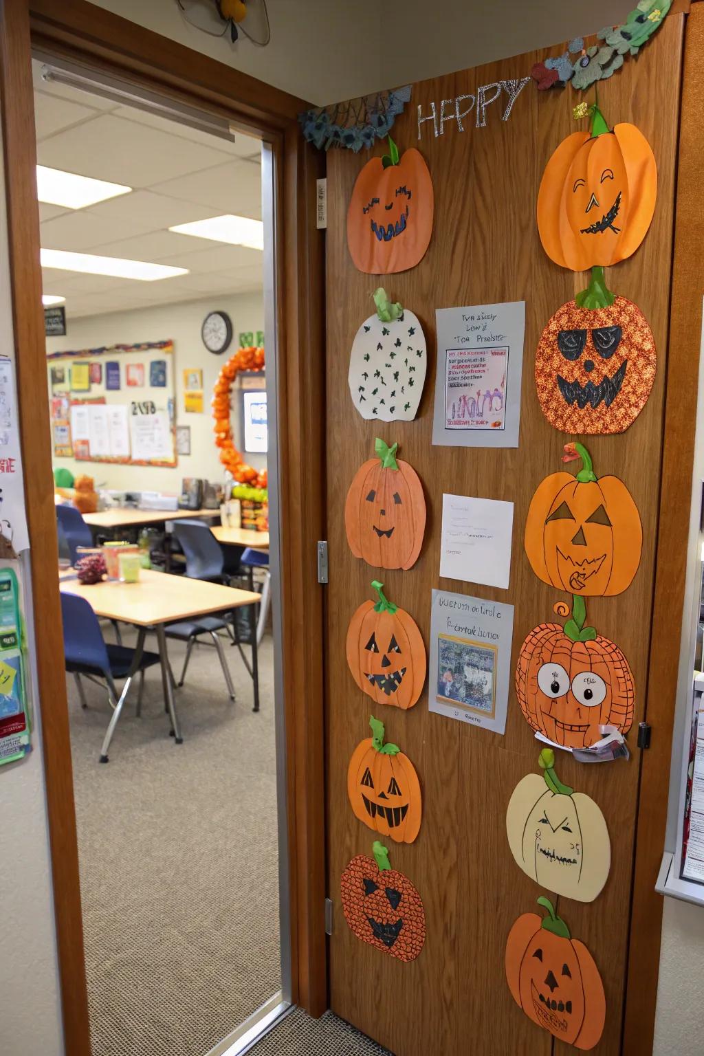 A spirited gourd garden door exhibit celebrating the harvest season.