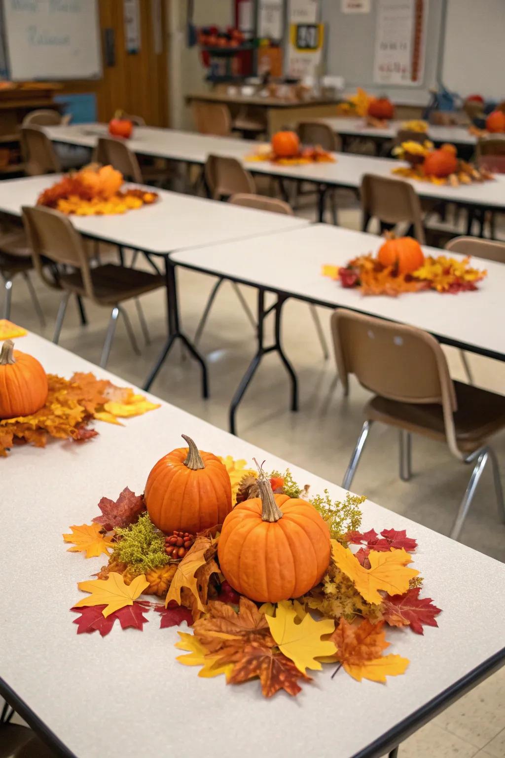 Pumpkin decorations add autumn charm to the classroom.