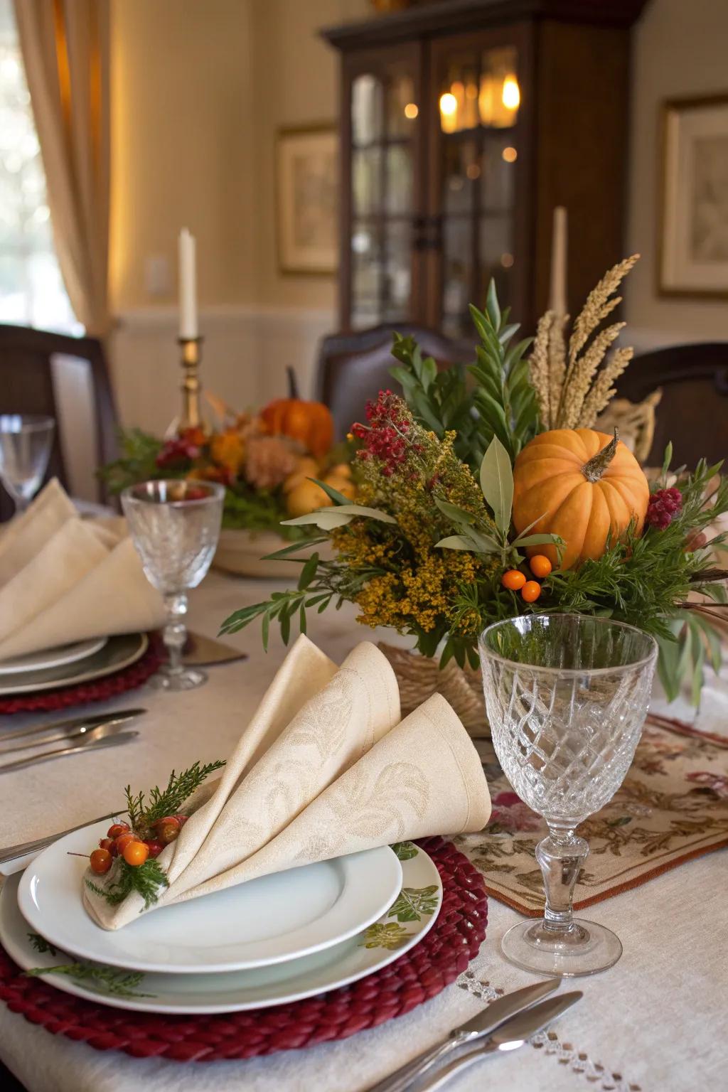 Cornucopia napkin folds celebrate the season’s bounty.