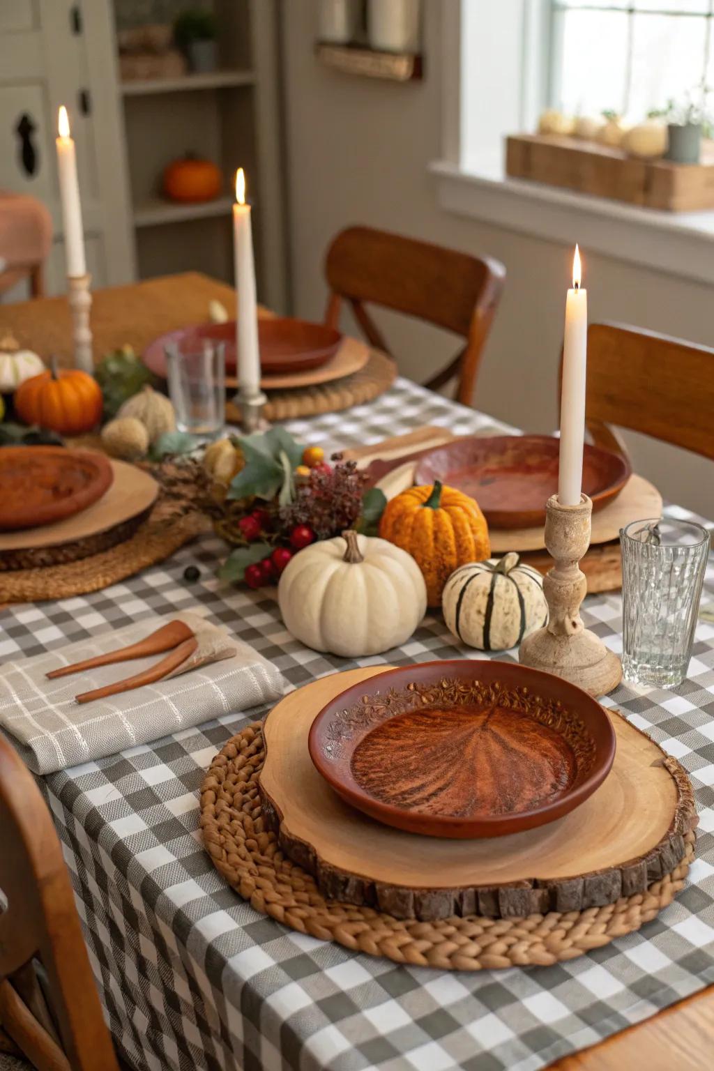 Wooden elements introduce rustic charm to your table setting.