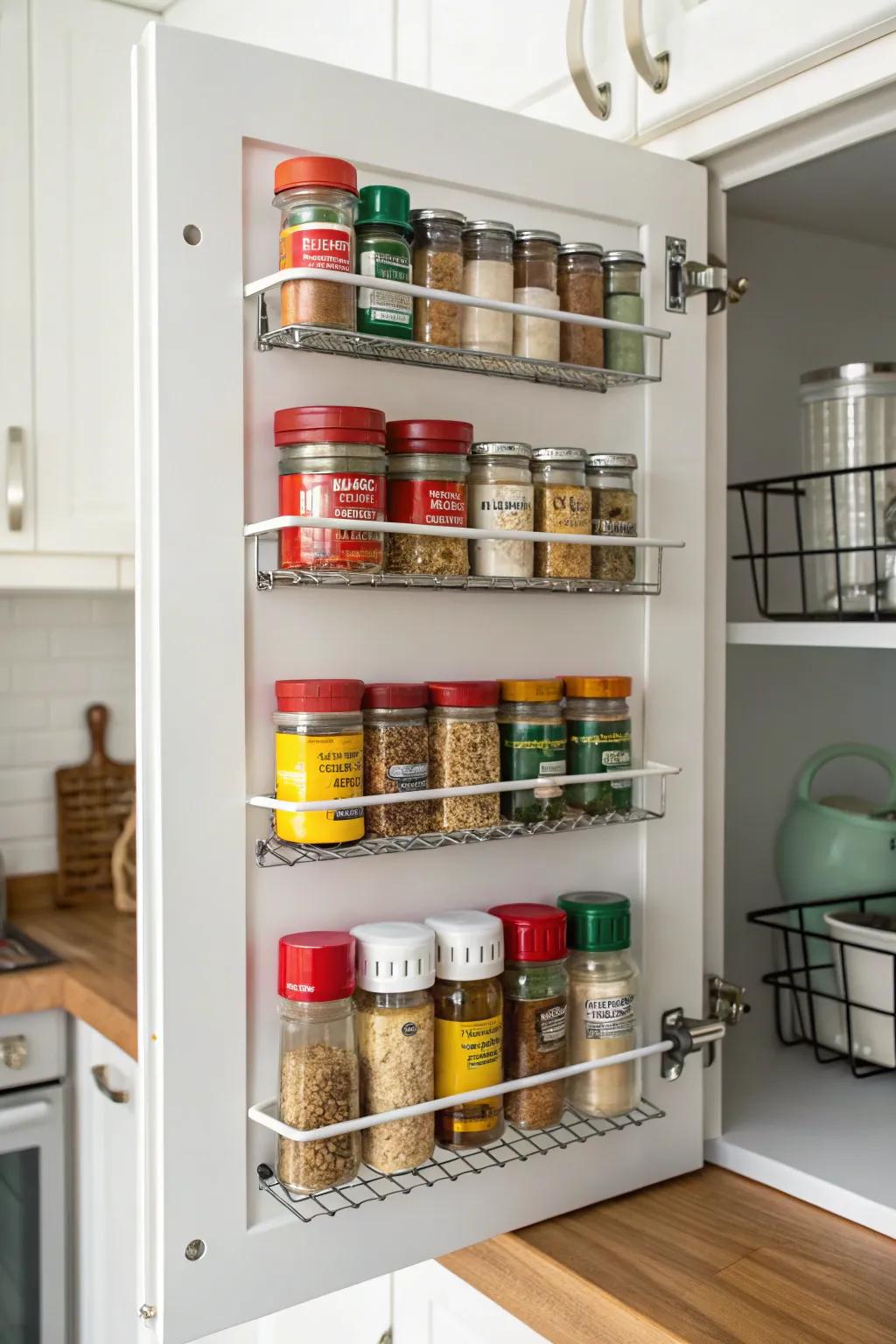Intelligent door storage for spices and other small kitchen items.