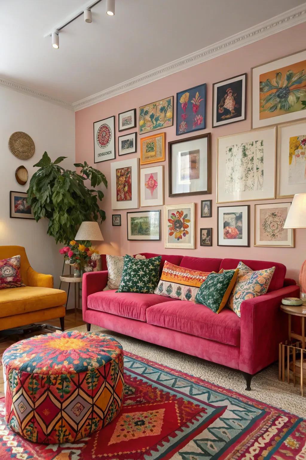 An eclectic living room bursting with vibrant colors and rich textures.
