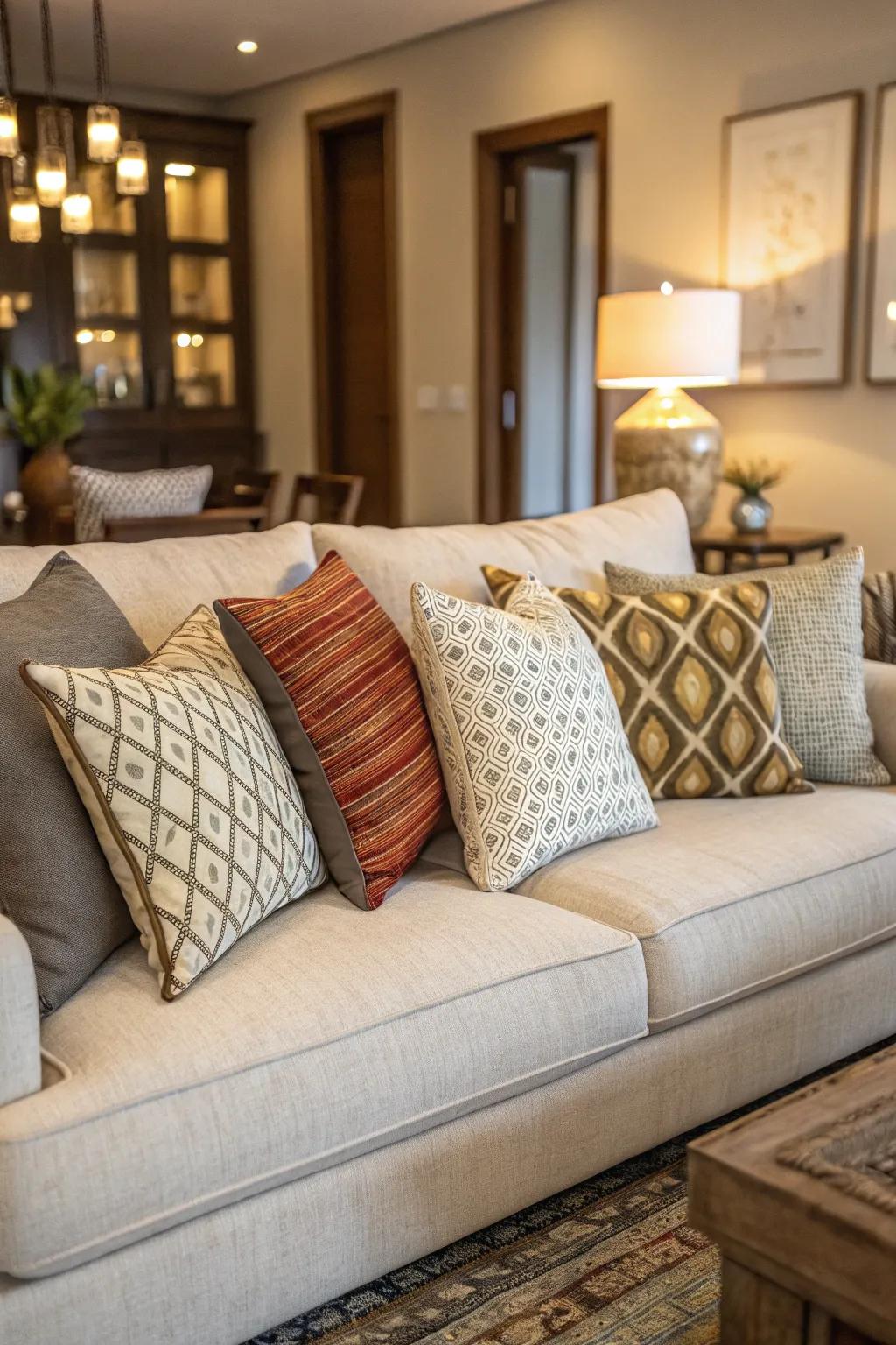 An elegant mix of symmetrical and asymmetrical pillow arrangements on a modern sofa.