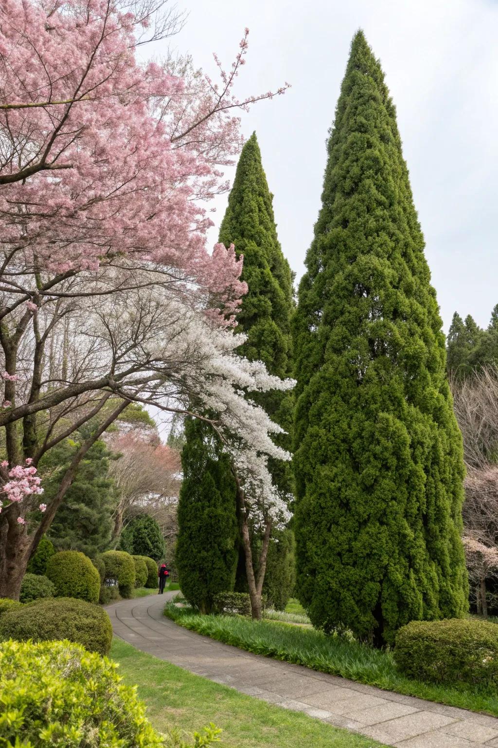 Produce a spectacular contrast with Arborvitae and blossoming cherry trees.