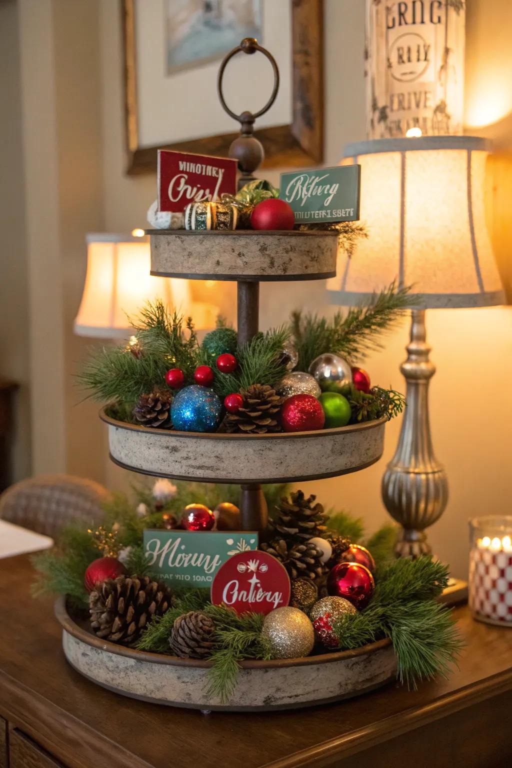 A Christmas-themed tiered tray filled with holiday spirit.