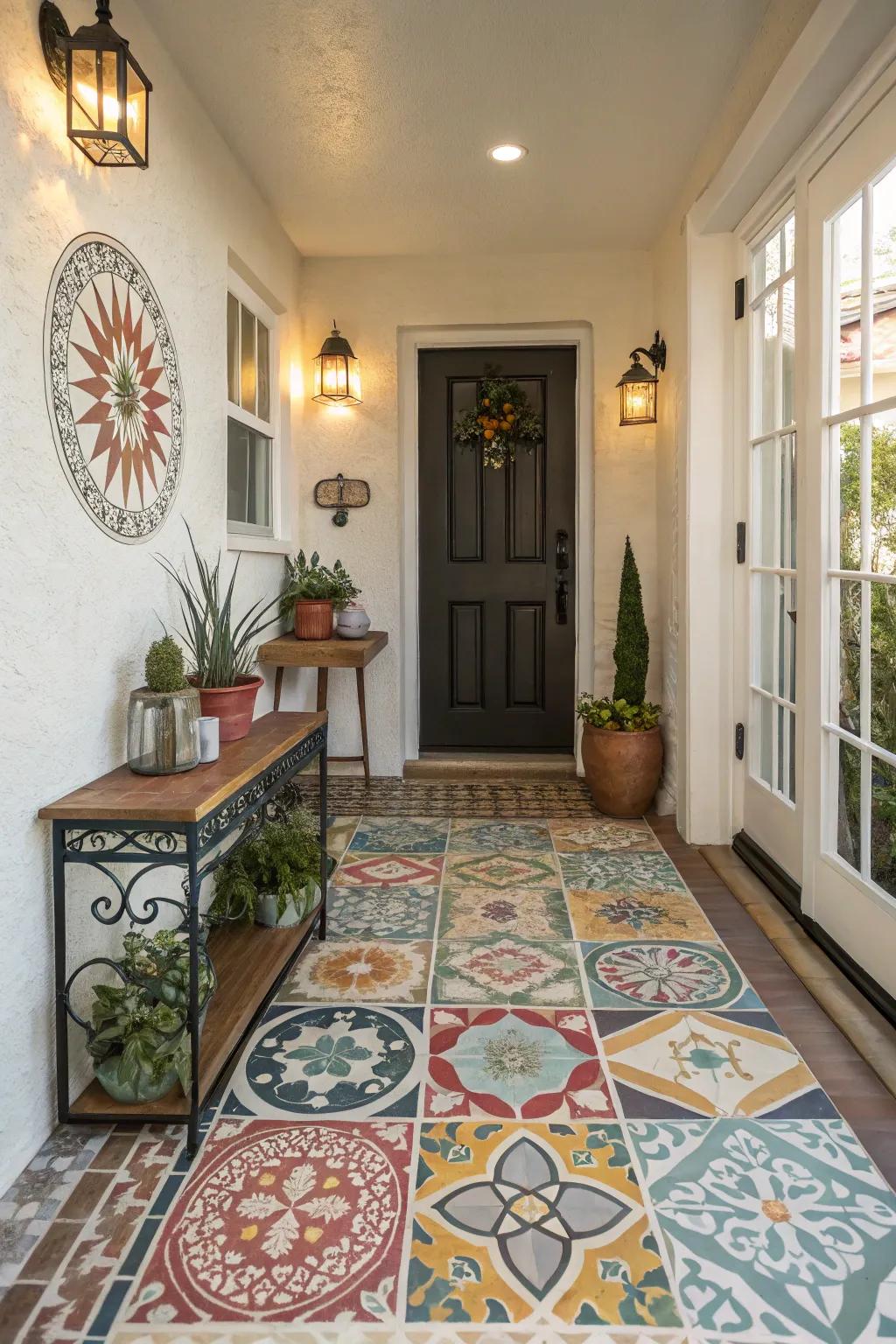 Patterned tiles craft an inviting and spirited entryway.