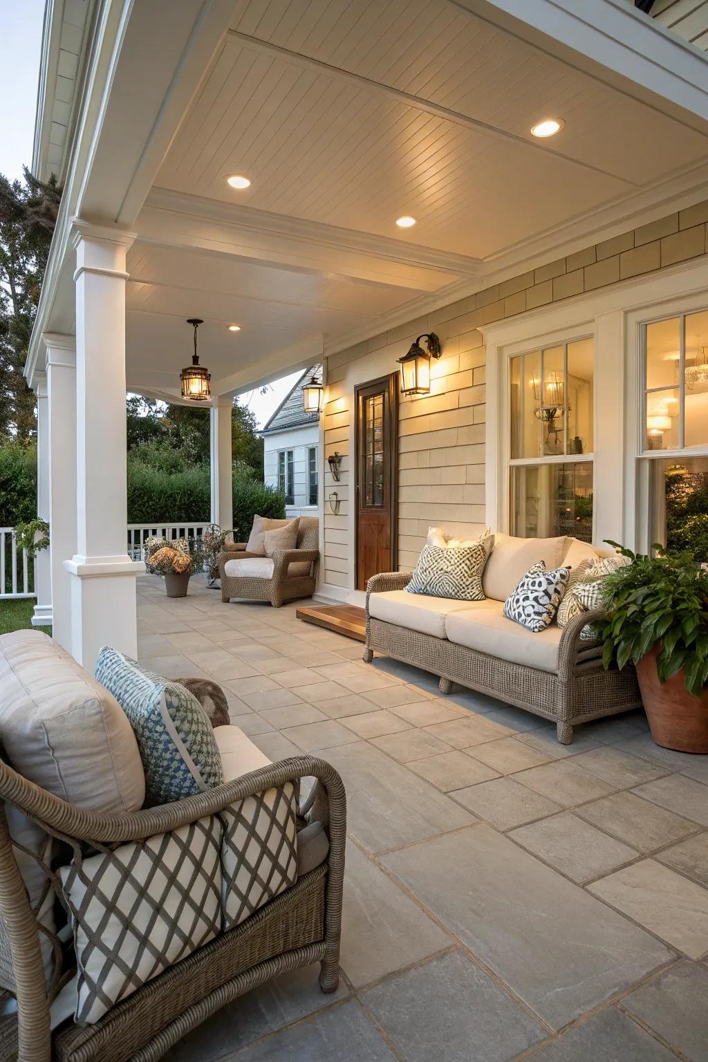 Pale planks and an open layout make this porch ideal for relaxation and social gatherings.
