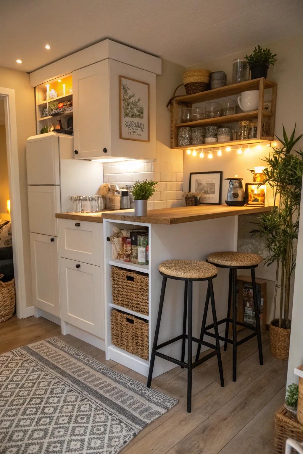 Multi-functional furniture optimizes area in a small kitchen.
