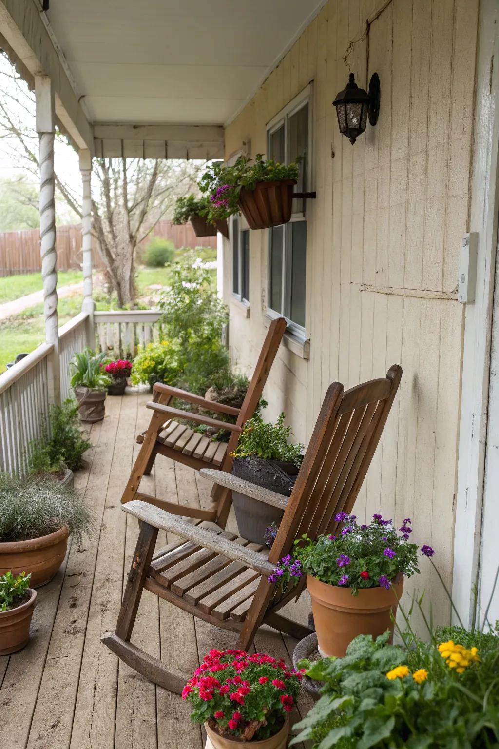 Appreciating the natural timber allure on a compact porch.