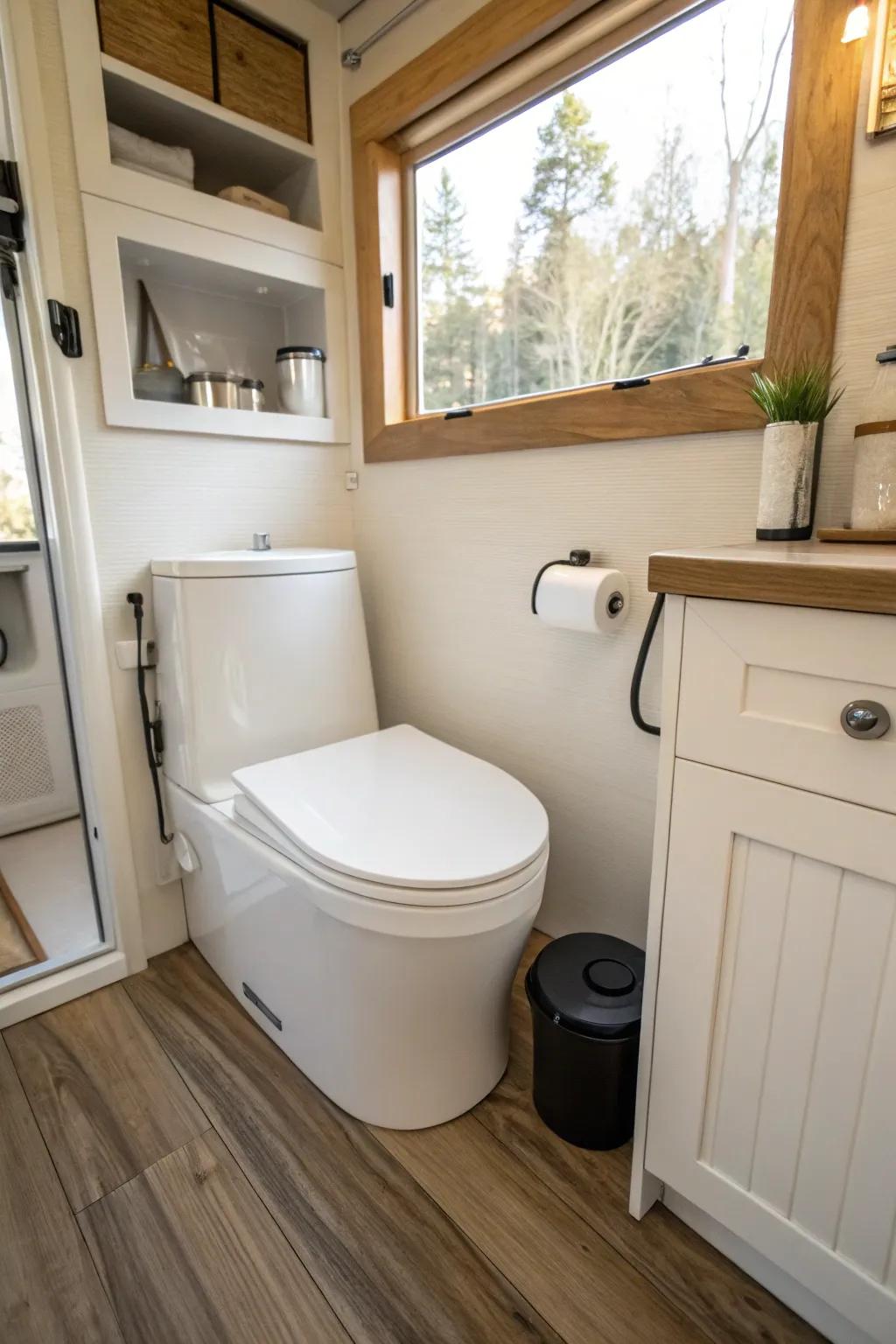 An easy-to-use dry flush toilet in a clean, modern bathroom.