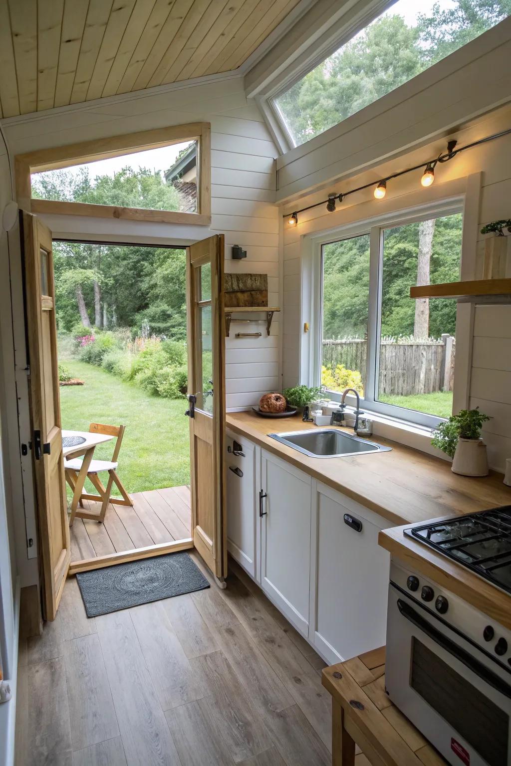 Hinged windows afford ventilation and protection against rain.