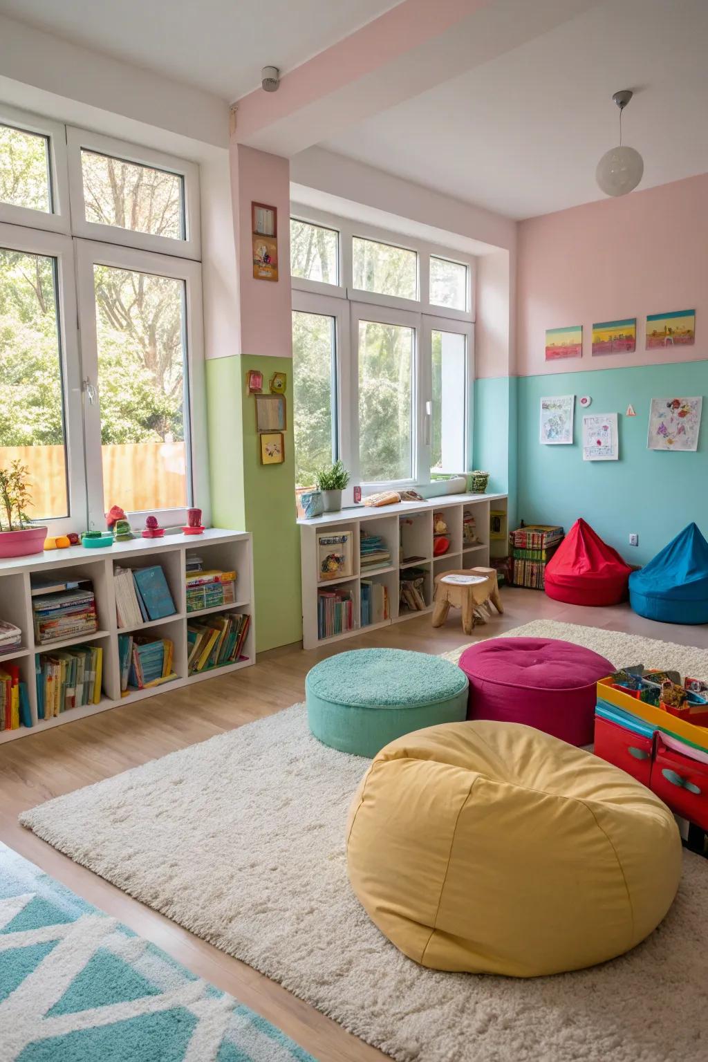 Gentle cushions and rugs compose a secure and pleasant play space.