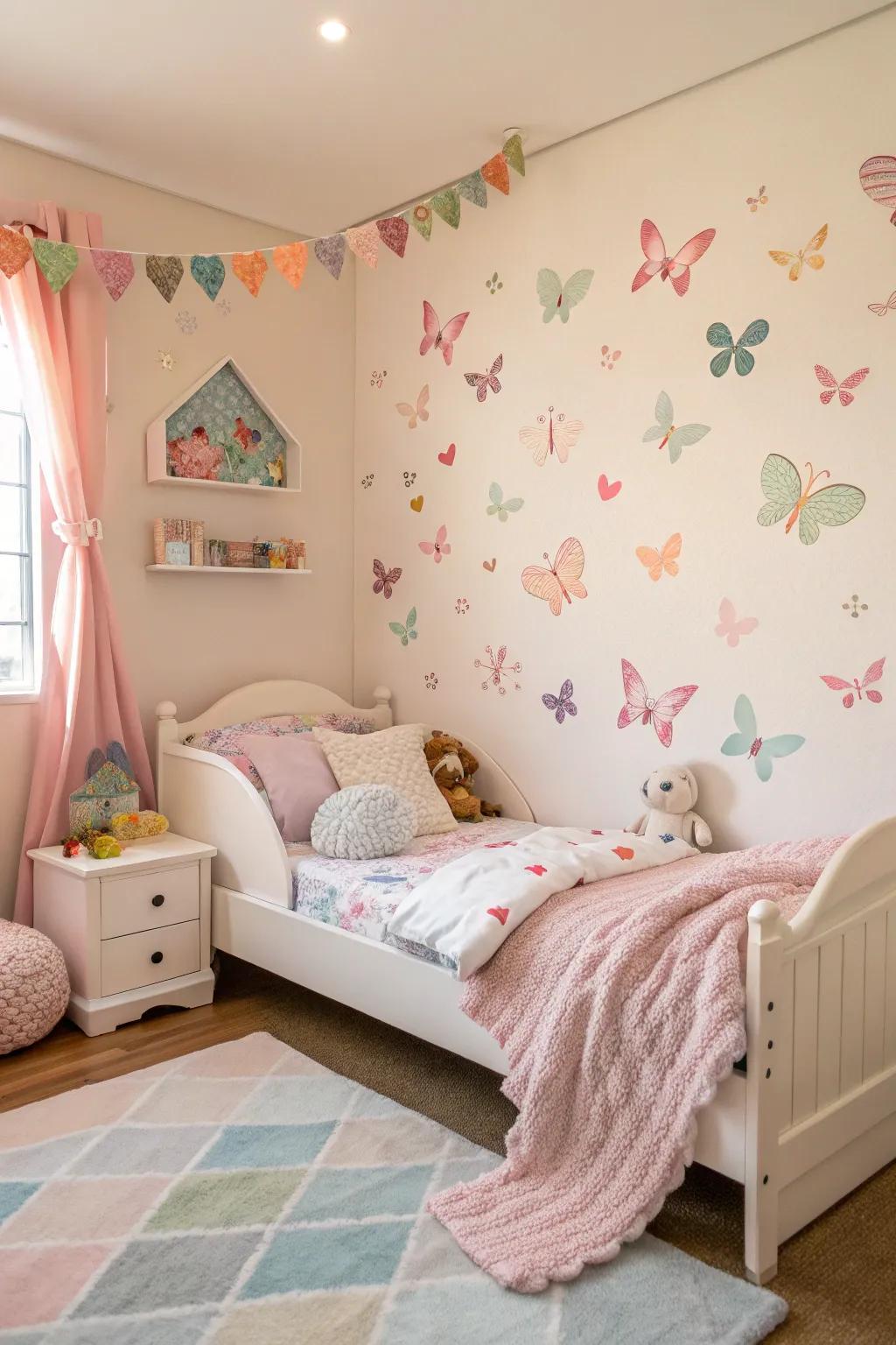 Fluttering insect wall accents bring in a hint of nature and playfulness.