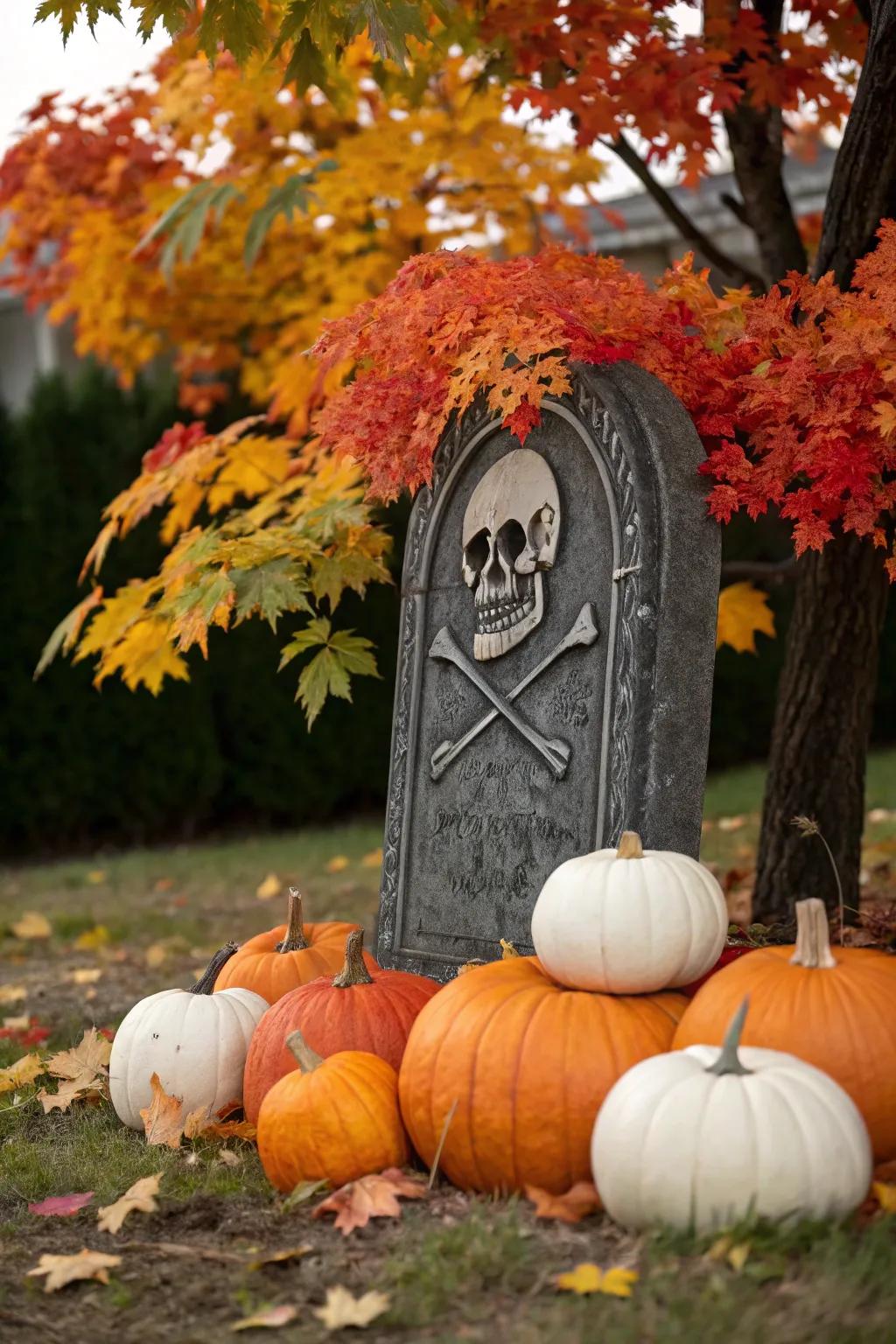 Pumpkins serve as a timeless addition to graveyard-themed Halloween settings.