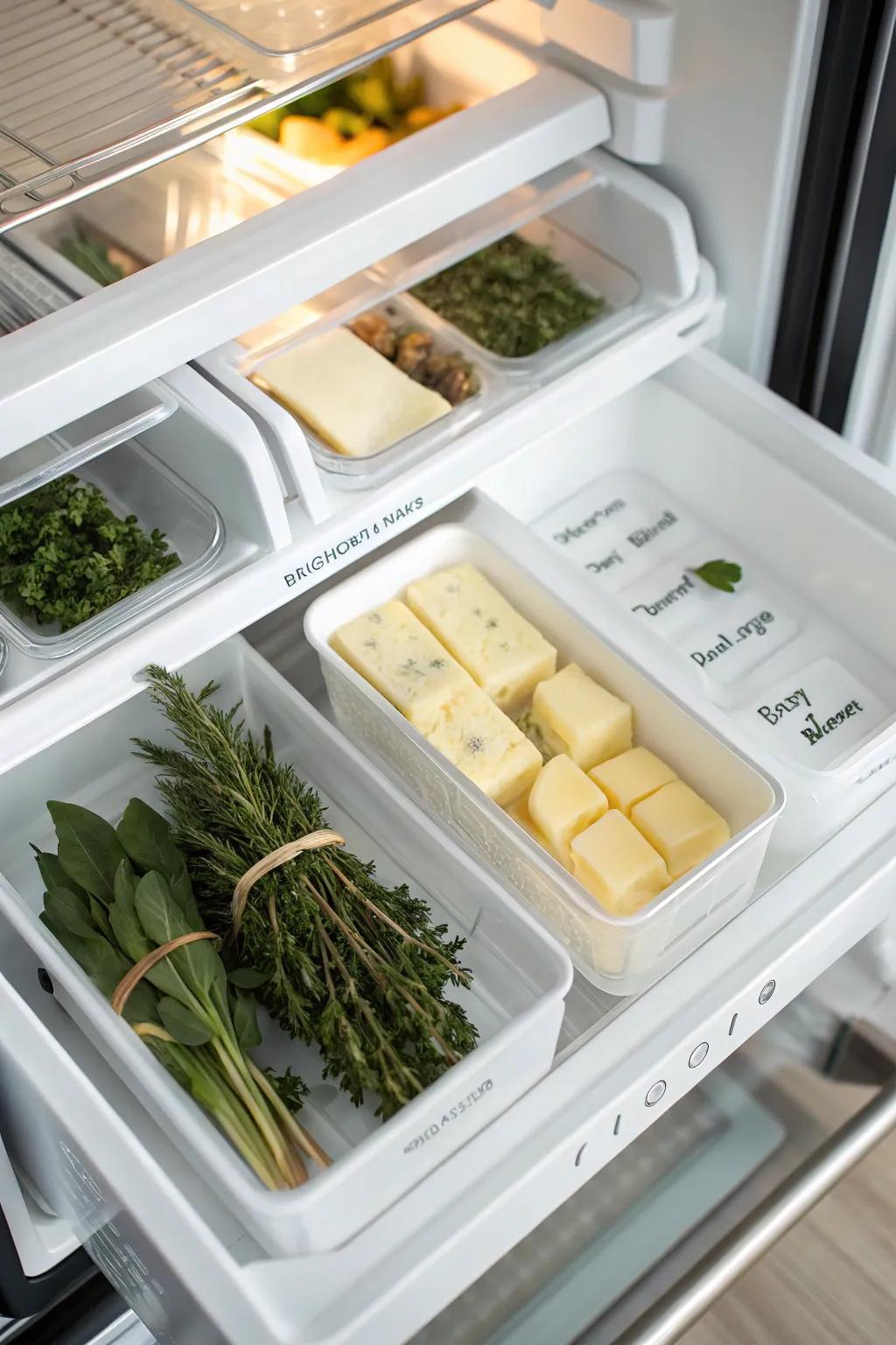 Top freezer door featuring small items like butter and herbs tidily sorted for simple access.