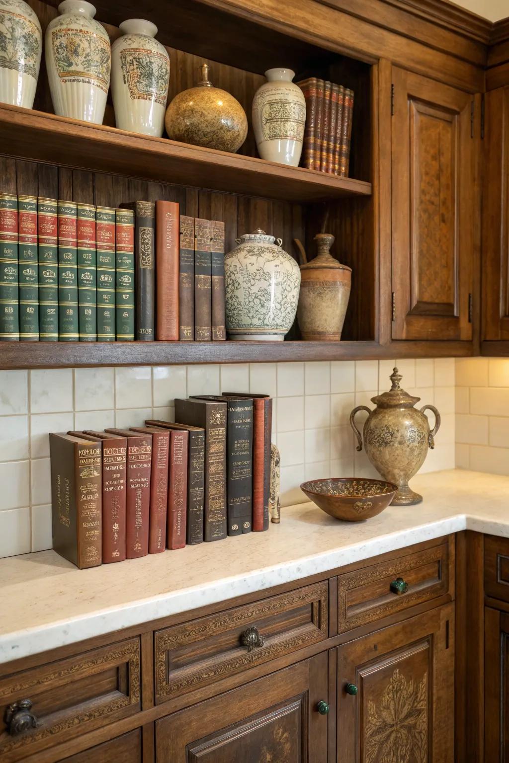 Establish a nostalgic atmosphere with vintage finds displayed above your cabinets.