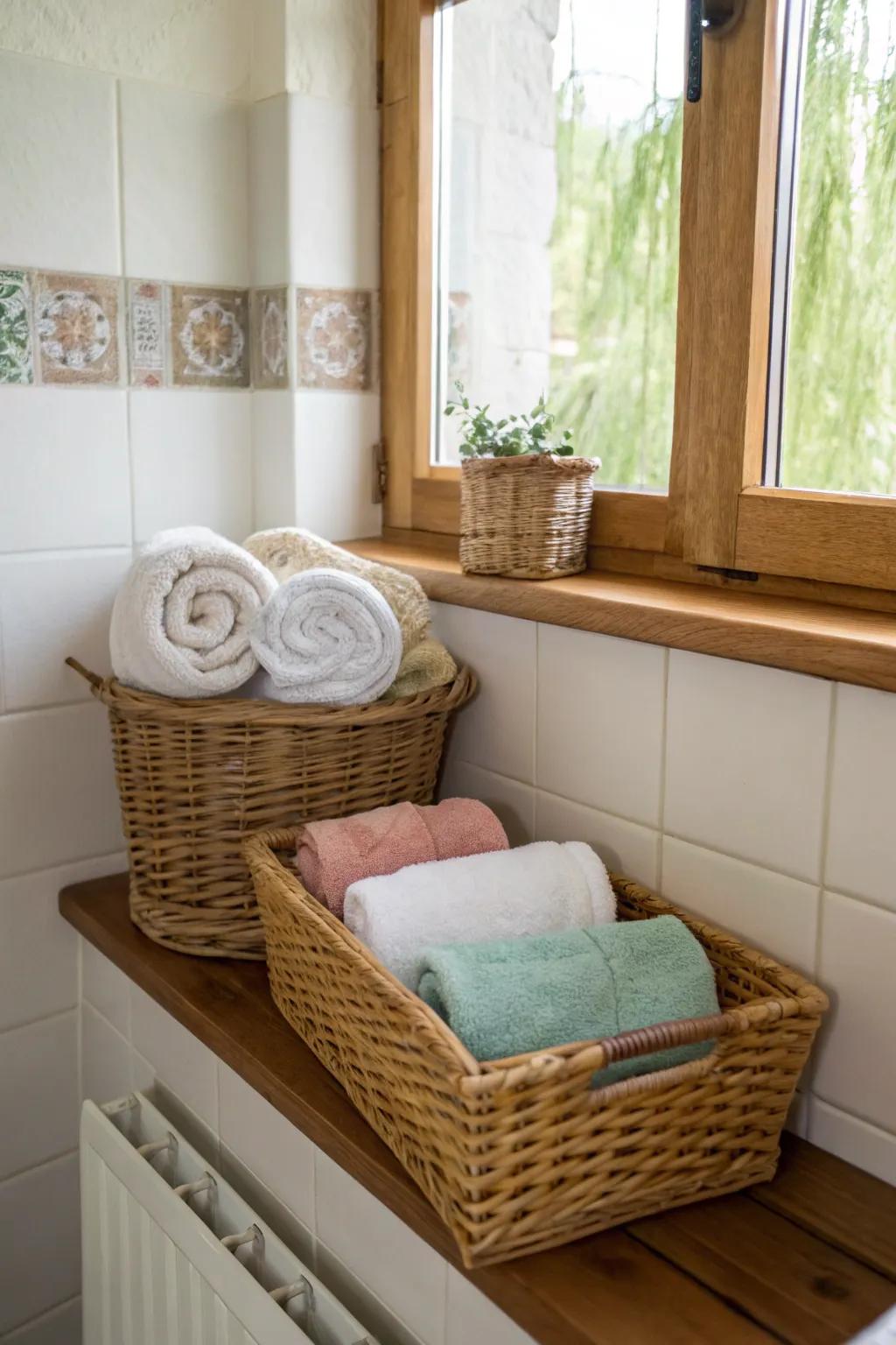Baskets add a nature-inspired touch while keeping towels in order and easy to get to.