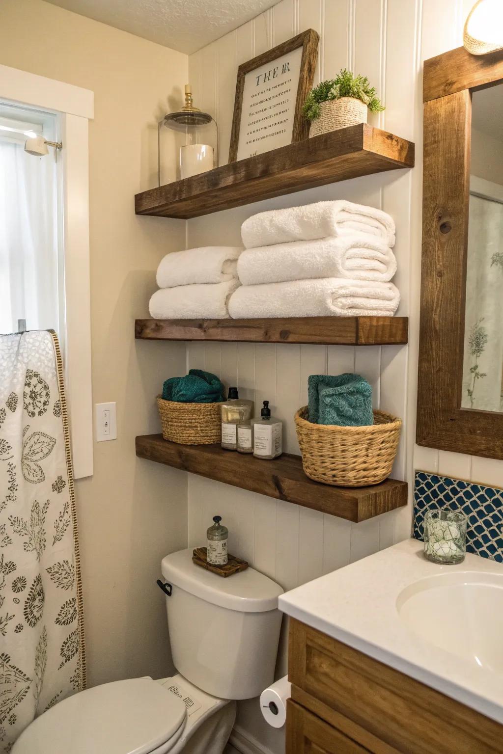 Drifting shelves add both storage and flair to compact bathrooms.