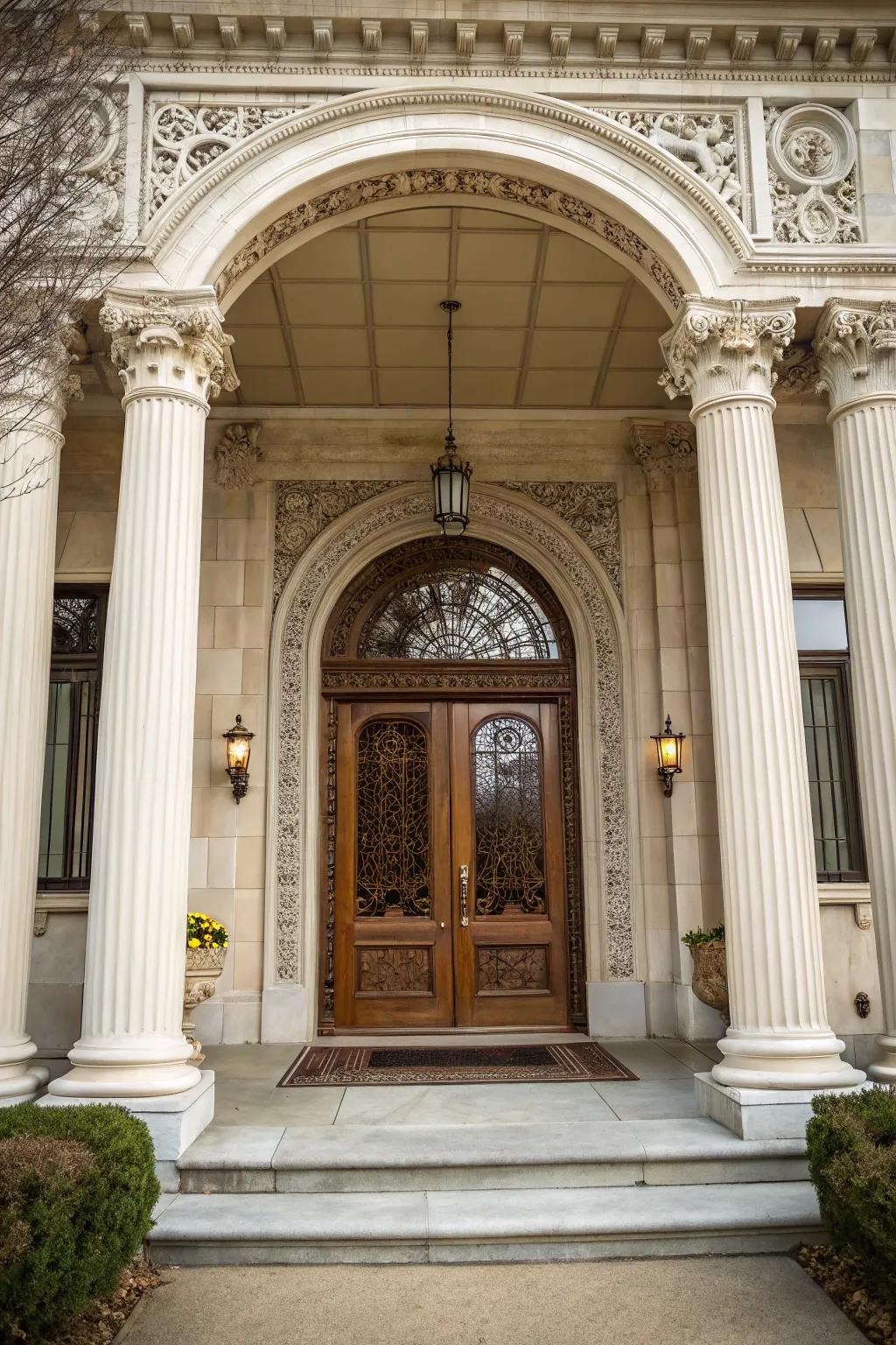 Classic architecture shines through detailed columns and arches.