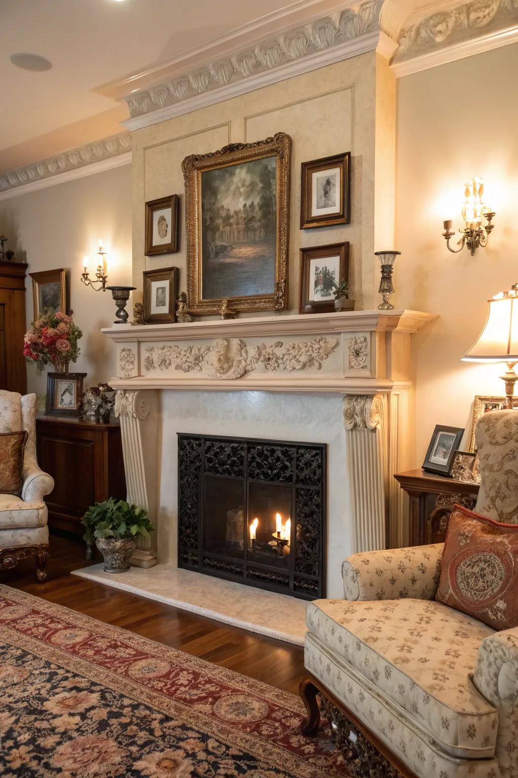 A detailed fireplace mantel serves as the central attraction in this classic living space.