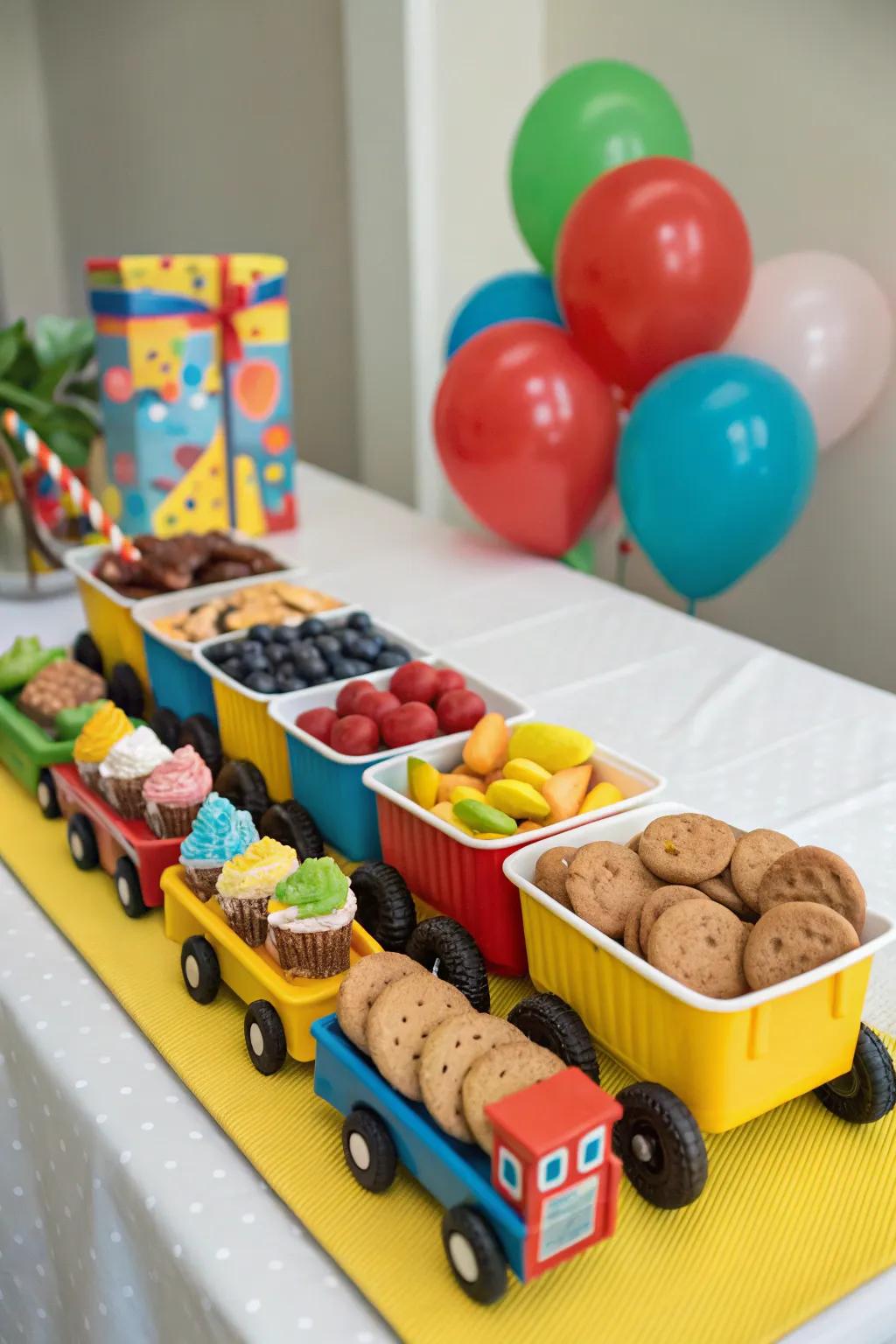 A snack locomotive bursting with delightful treats for guests to relish.