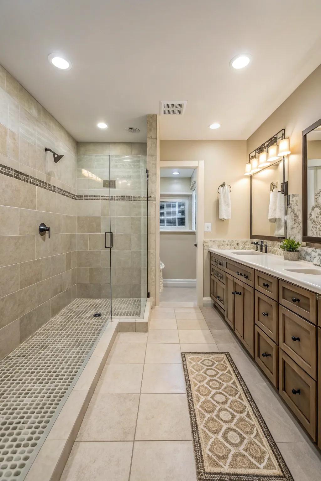 Uphold refinement with bath space tile transitions.
