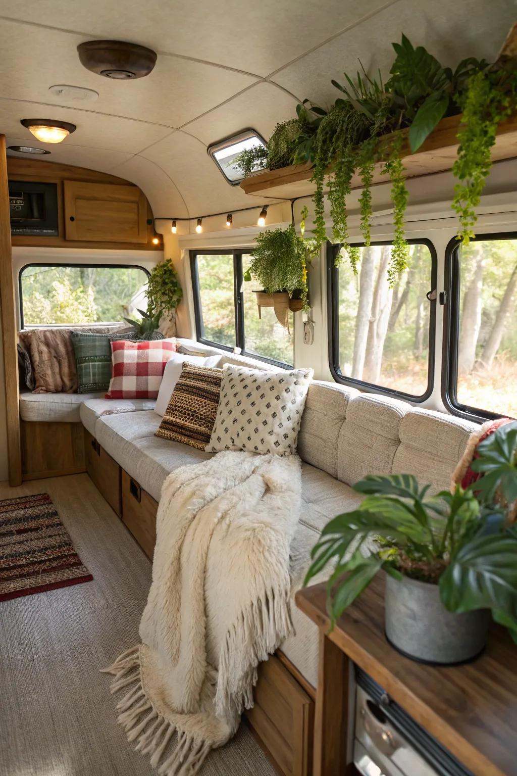 A travel trailer living space filled with plush pillows, cozy blankets, and plants for a comfortable, home-like feel.