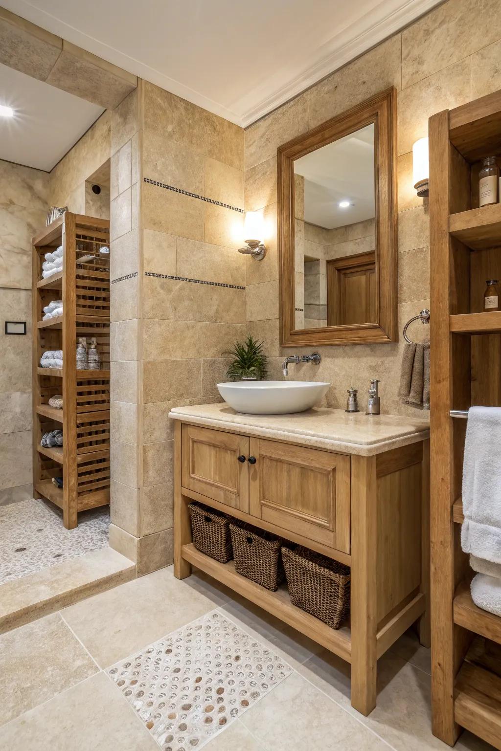 A travertine bathroom enhanced by a timber cabinet and shelves, adding a layer of warmth.