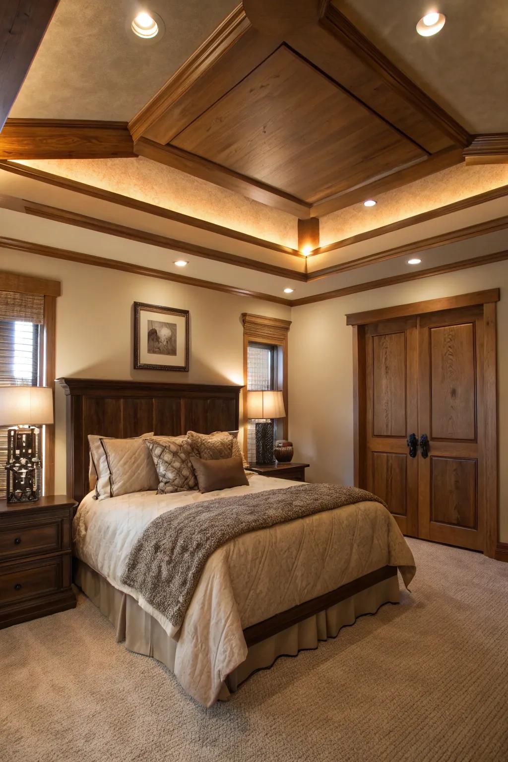 A welcoming bedroom design featuring a tray ceiling accentuated with wooden detailing.
