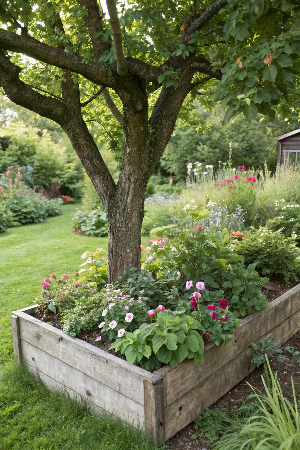 Elevated beds impart an organized silhouette and shield tree roots.
