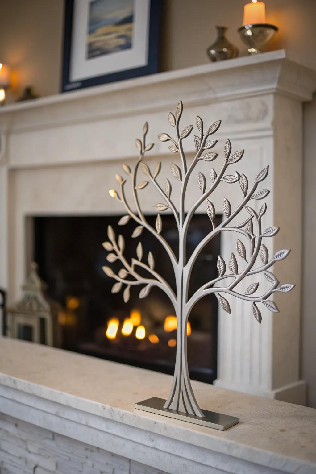 A minimalist metal Arbor Vitae branch design adorns the space above a fireplace.