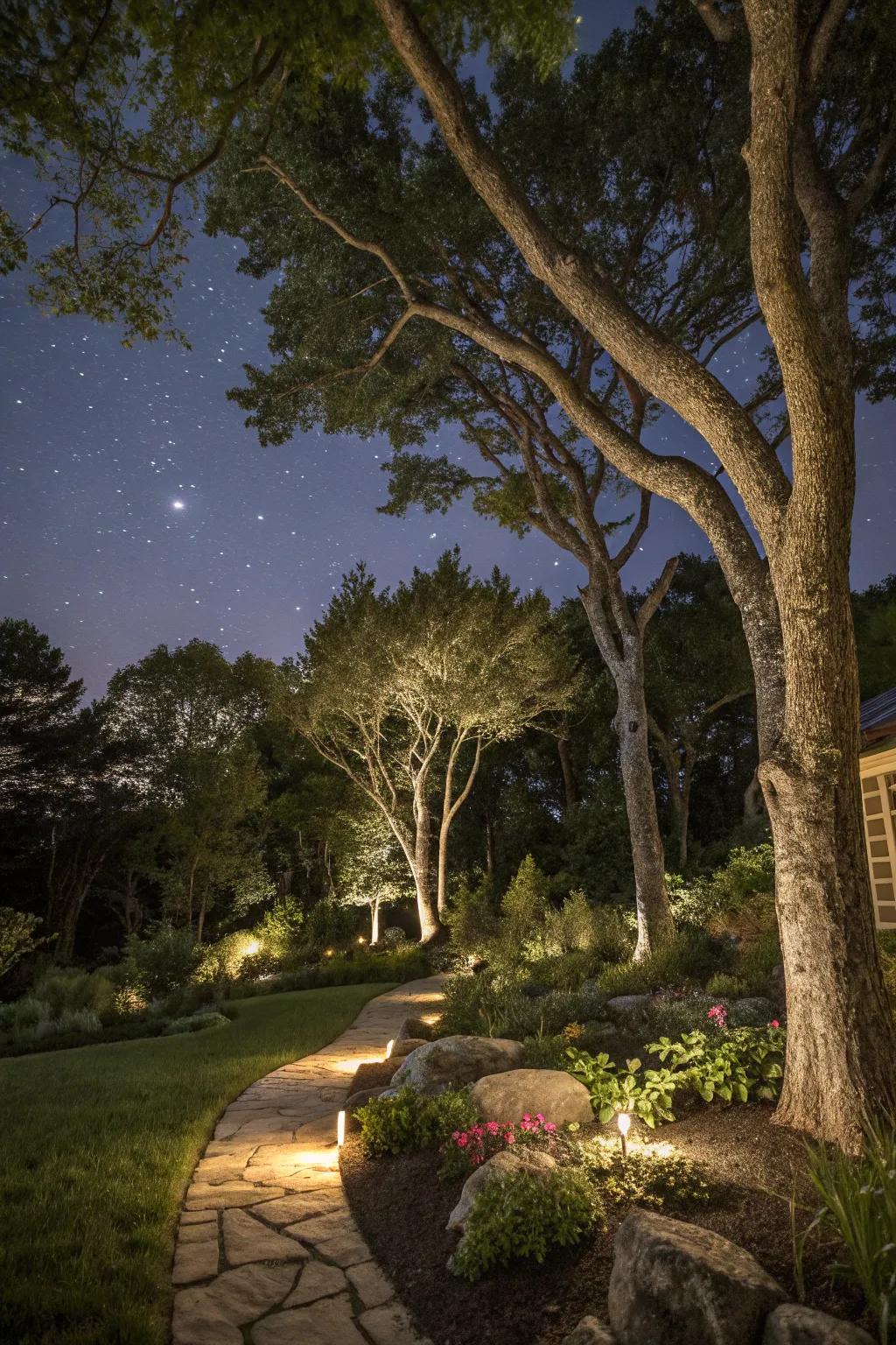 Nocturnal lighting accentuates the inherent charm of trees.