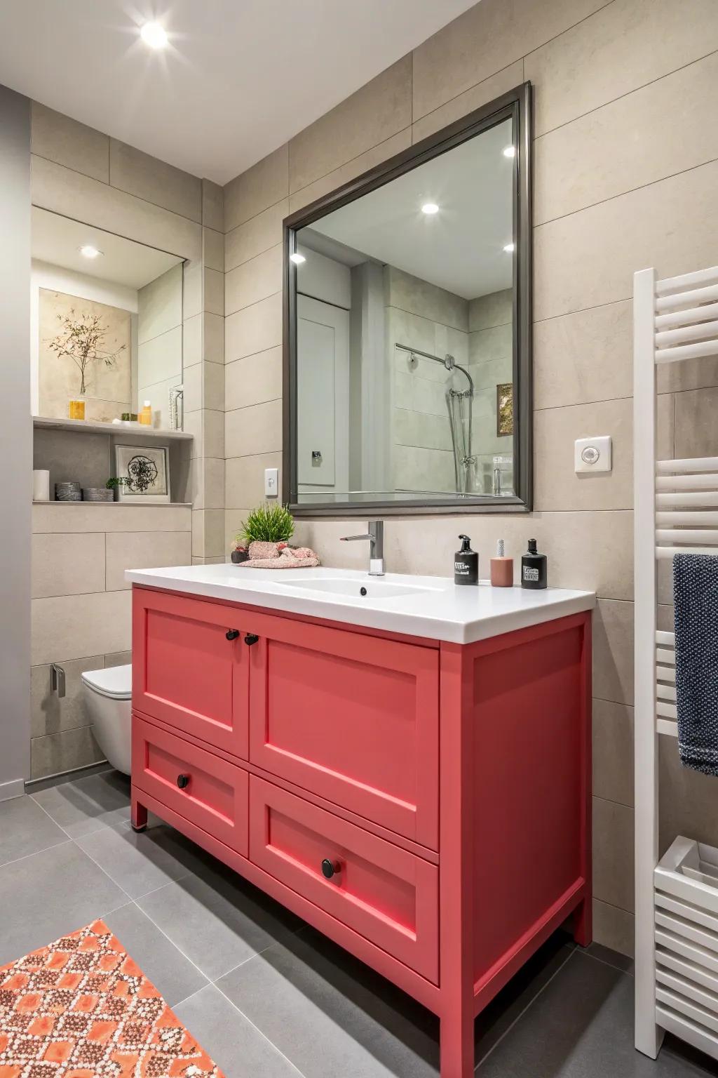 A contemporary bathroom with a strong vanity color creates a striking impression.
