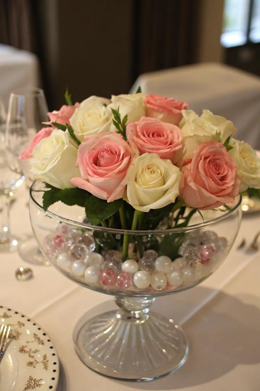 A presentation bowl utilized as a stunning floral centerpiece.