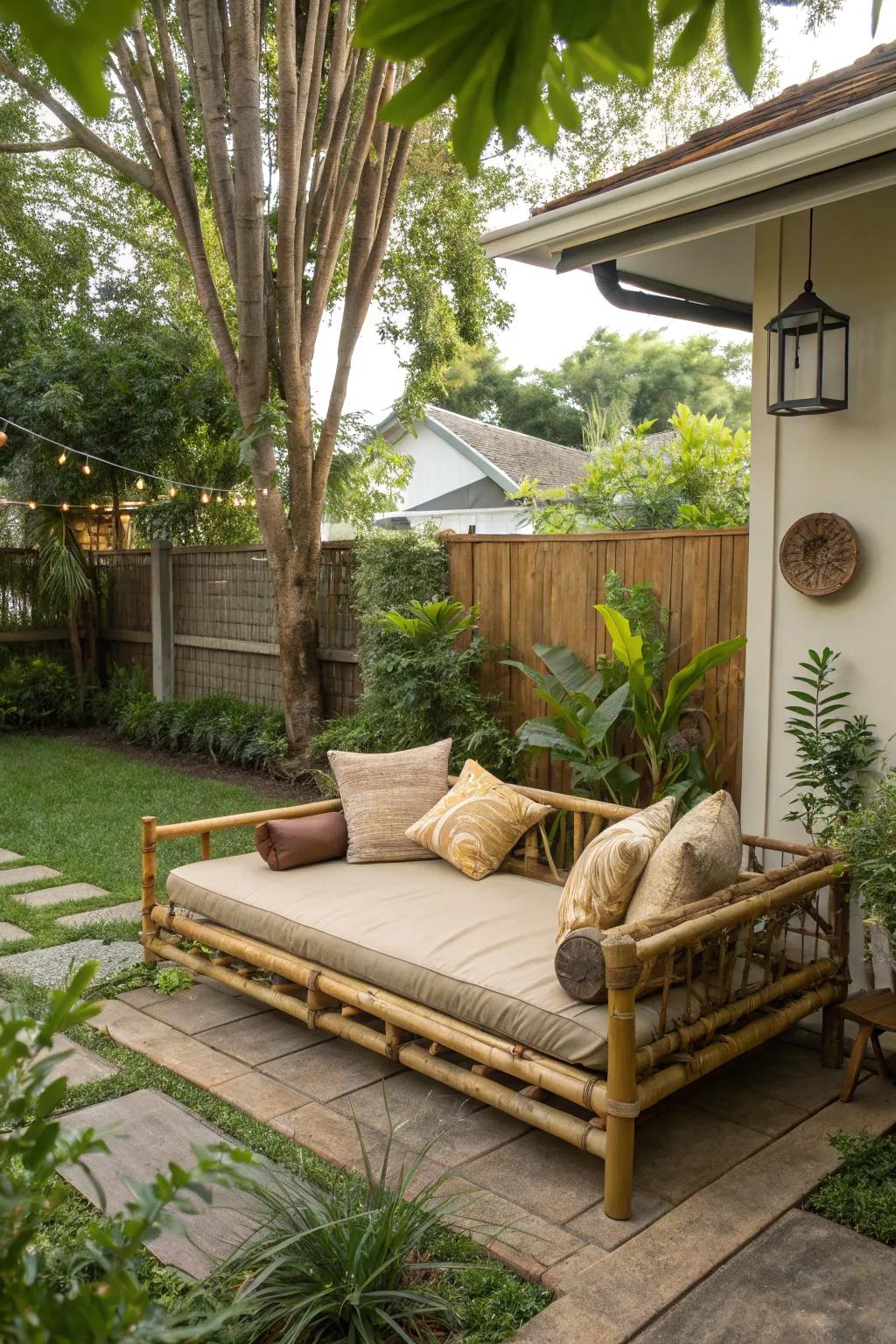 A bamboo daybed offers a superb spot for relaxation in your tropical sanctuary.