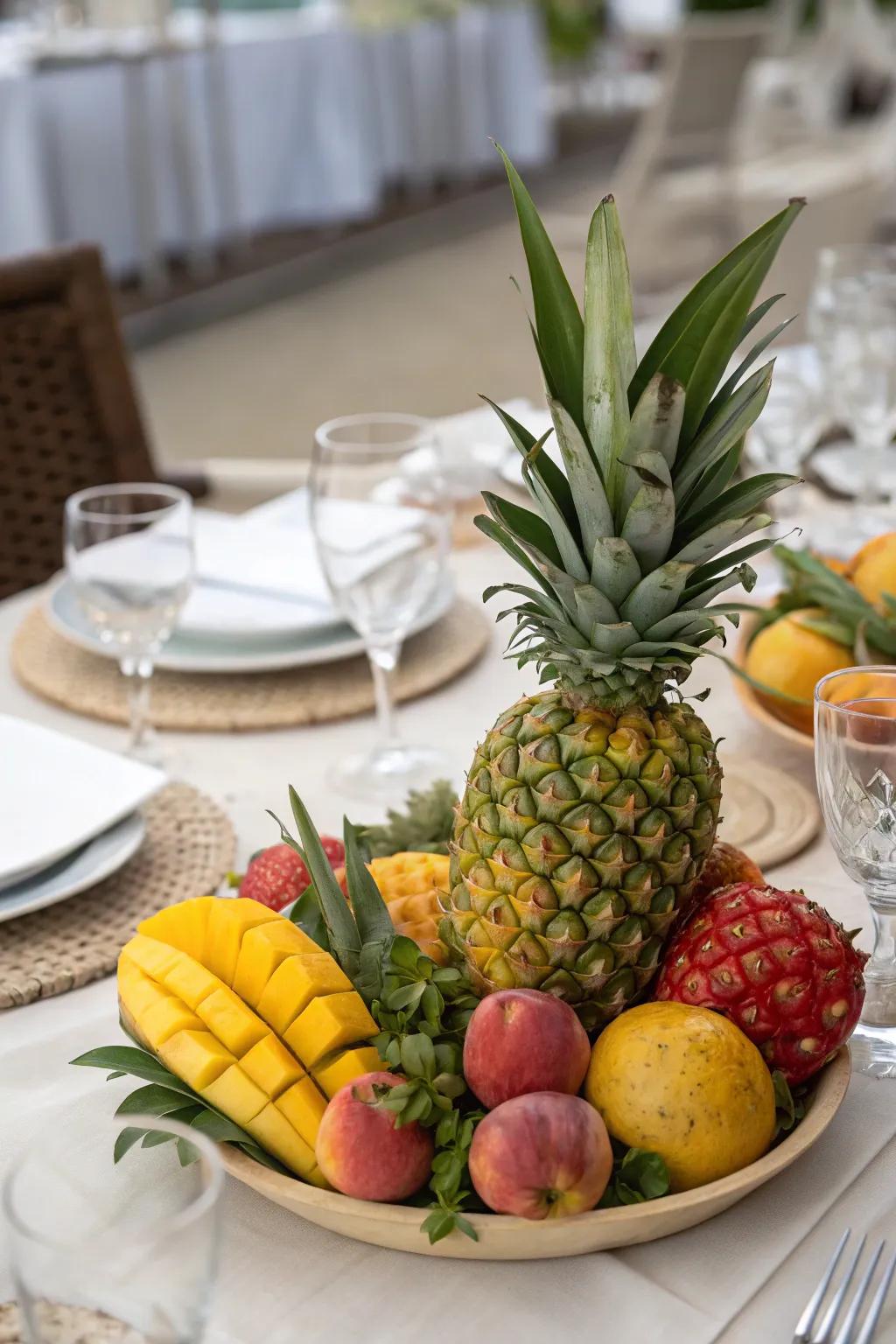 A vibrant exotic fruit centerpiece.