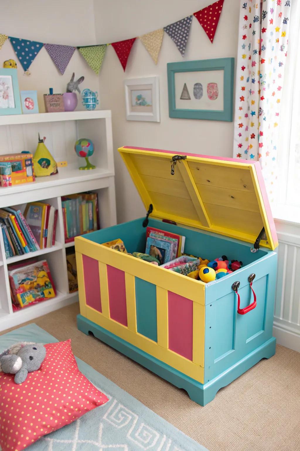 This vibrant trunk renders toy storage lively and systematized.
