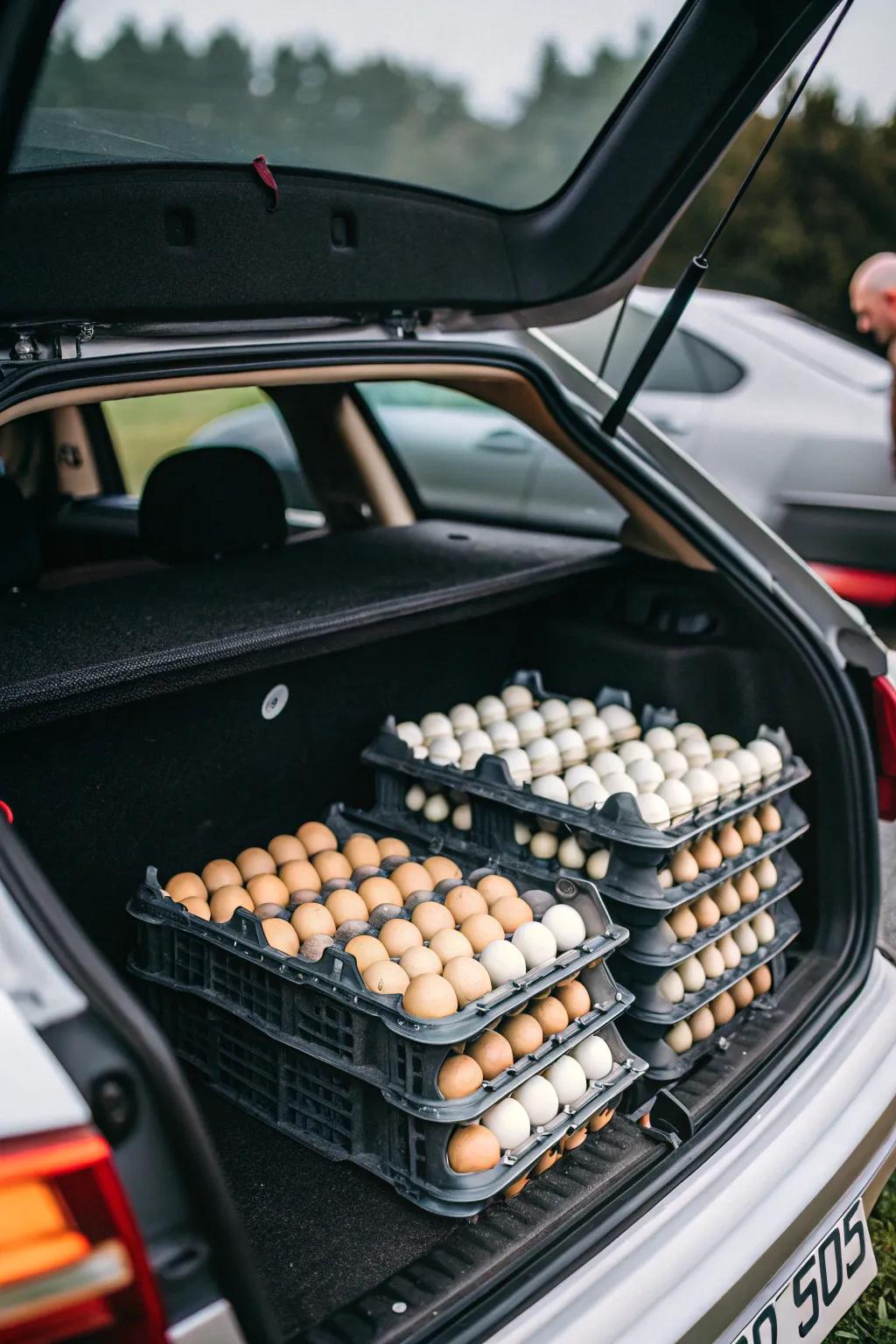 Divided trays providing protection for fragile items in the trunk.