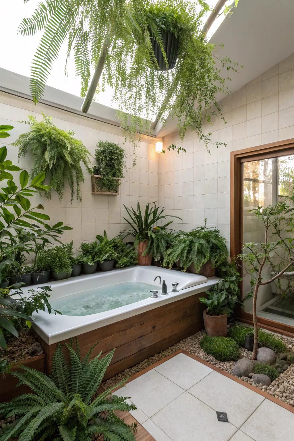 A tub surround transformed into a botanical corner with flourishing indoor flora.