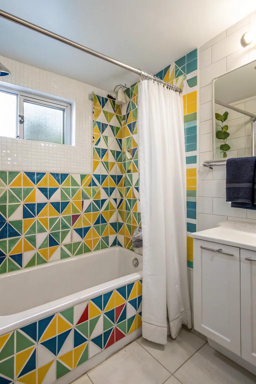 Distinctive tiles change the combined tub and shower into a creative feature.