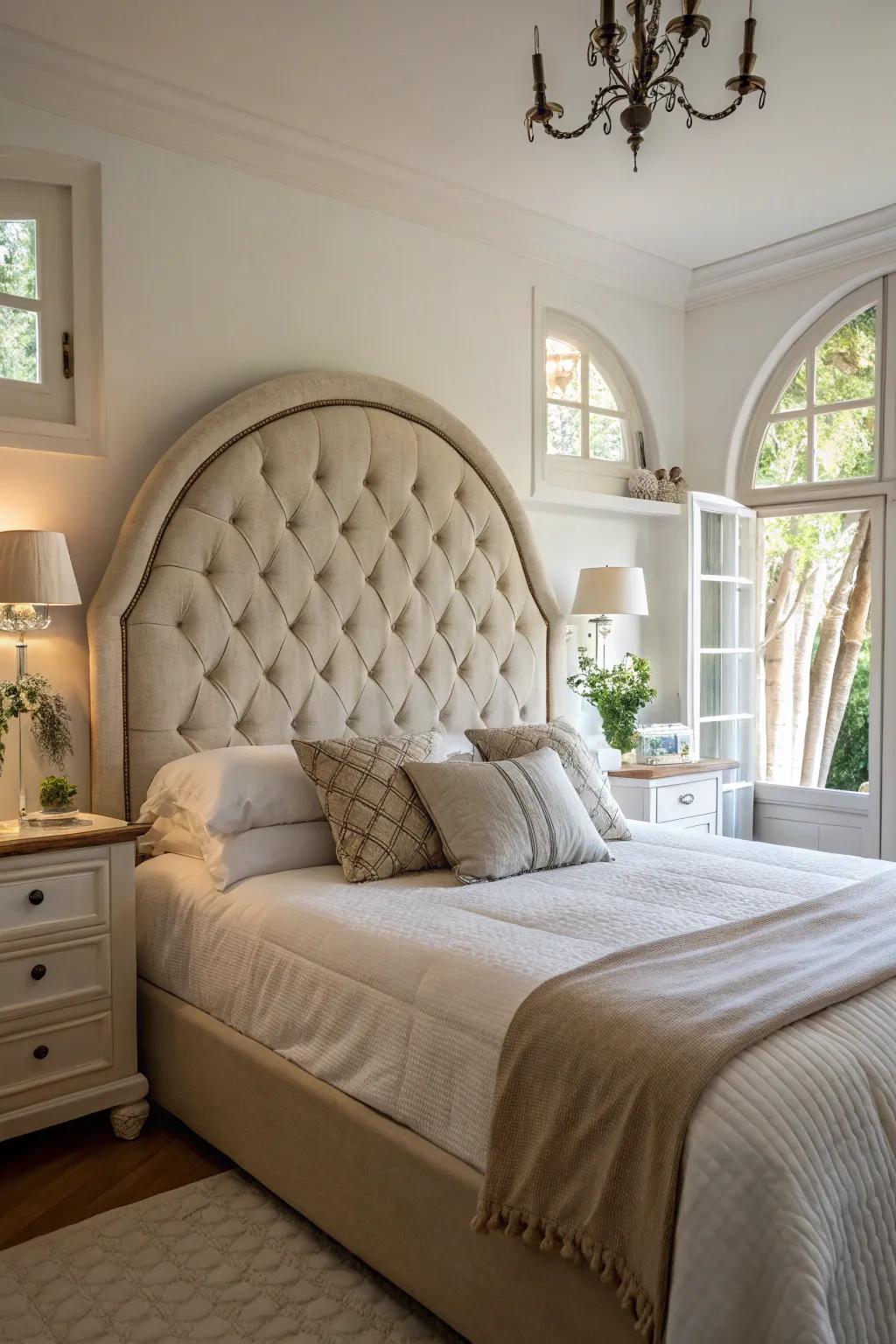 A romantic bedroom showcasing an arched tufted headboard.
