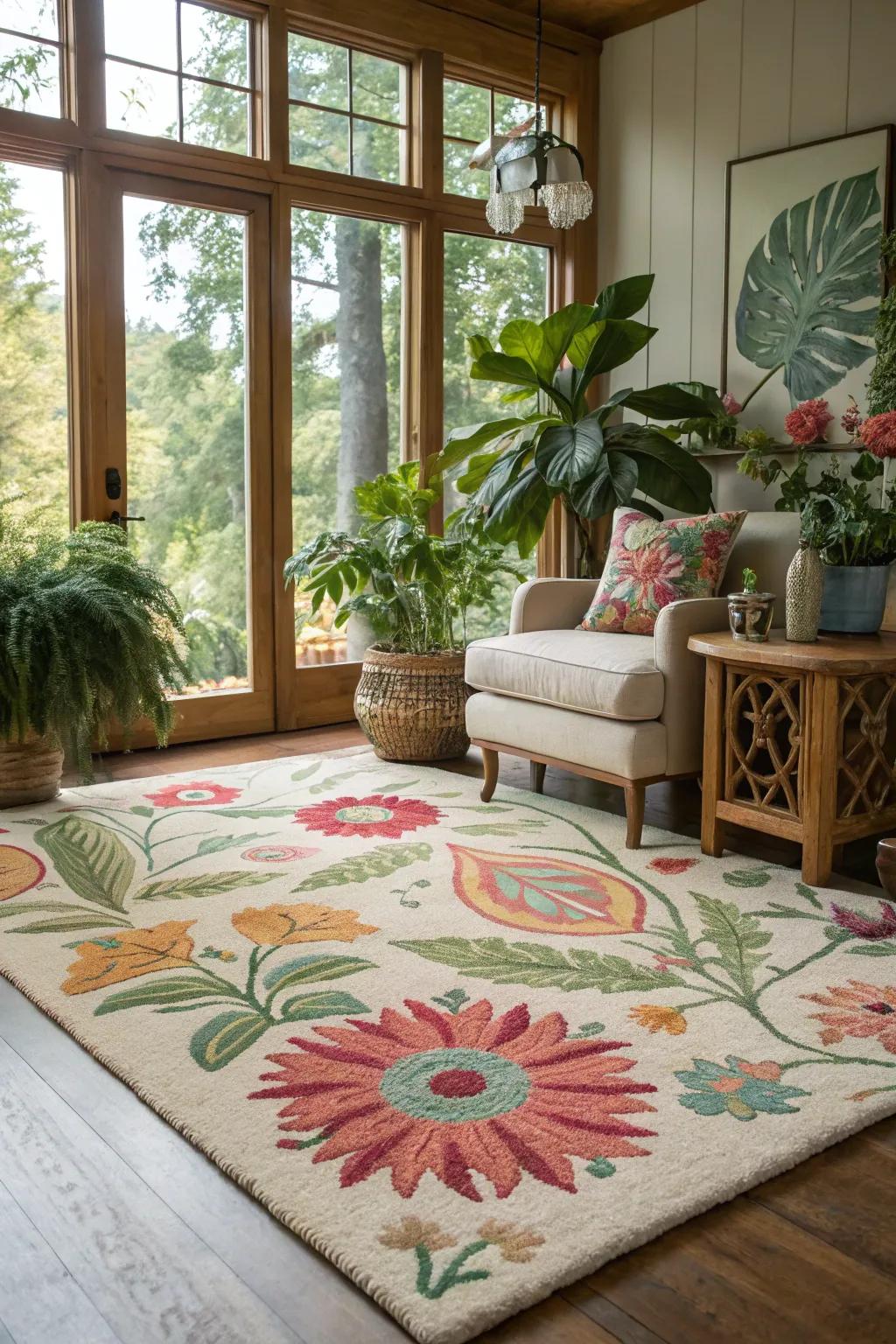 Floral motifs establish a tranquil and natural atmosphere indoors.