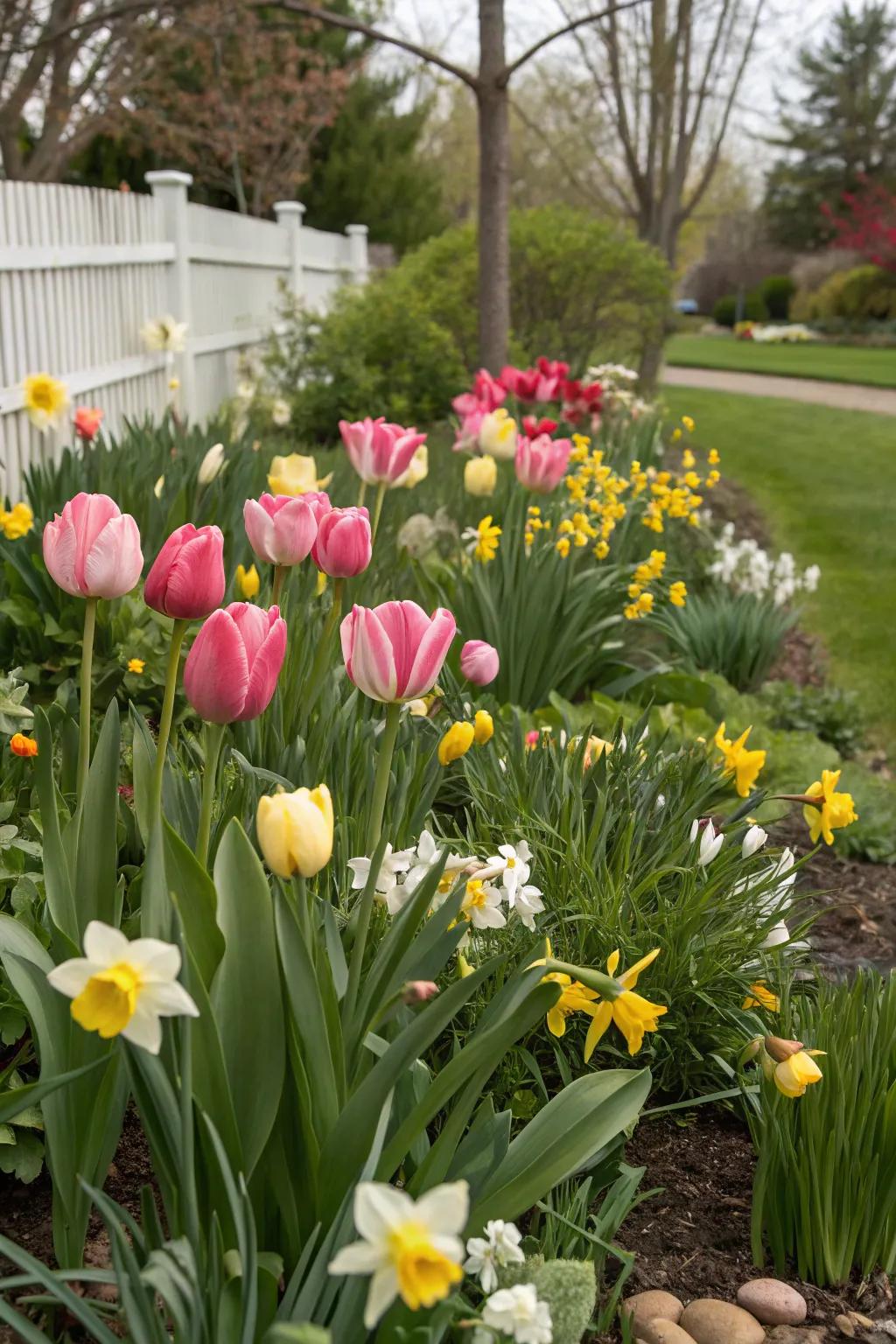 A garden patch displaying tulips mingled with daffodils and other spring flowers.